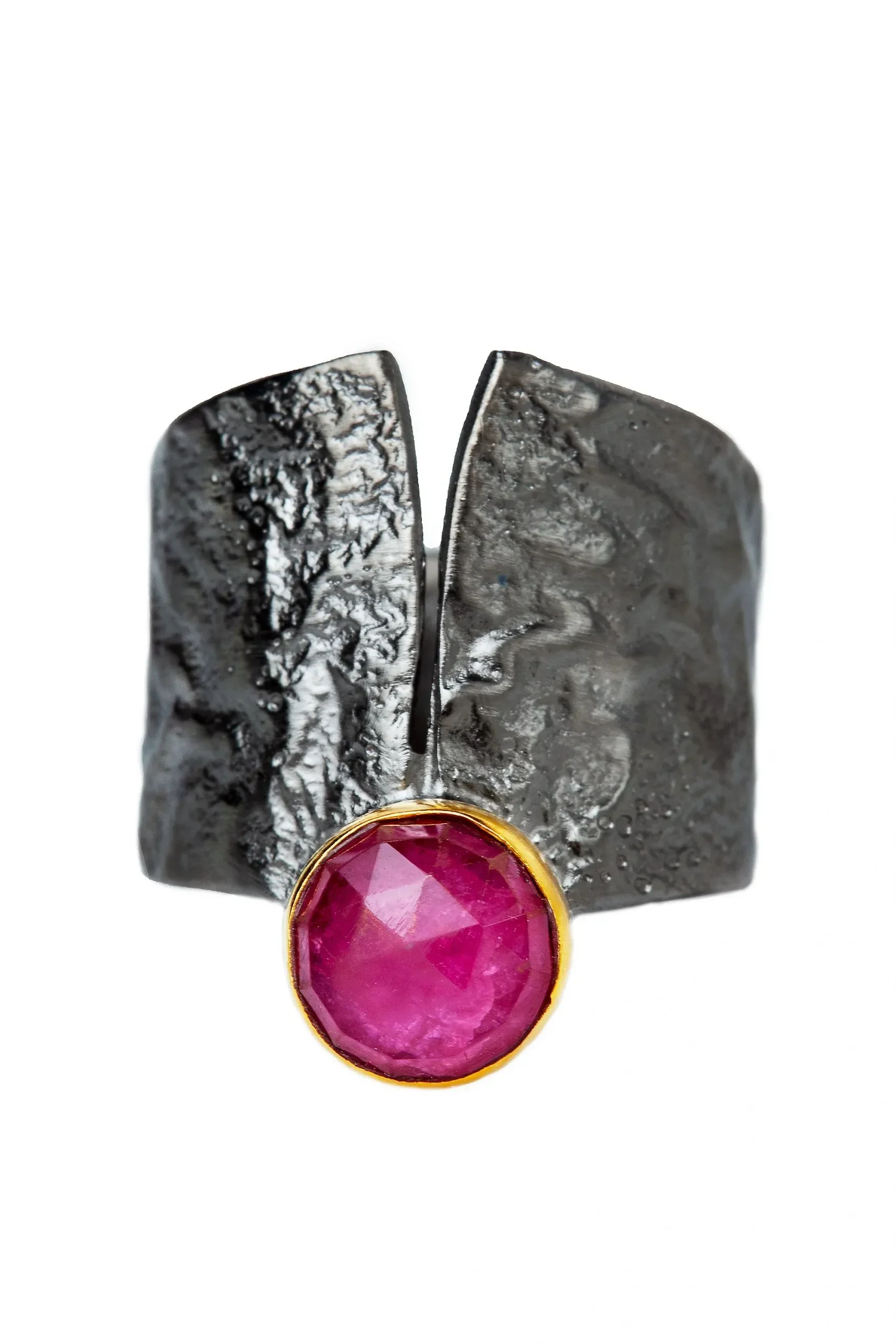 Handmade Jewellery | Ruby textured black plated silver ring gallery 3