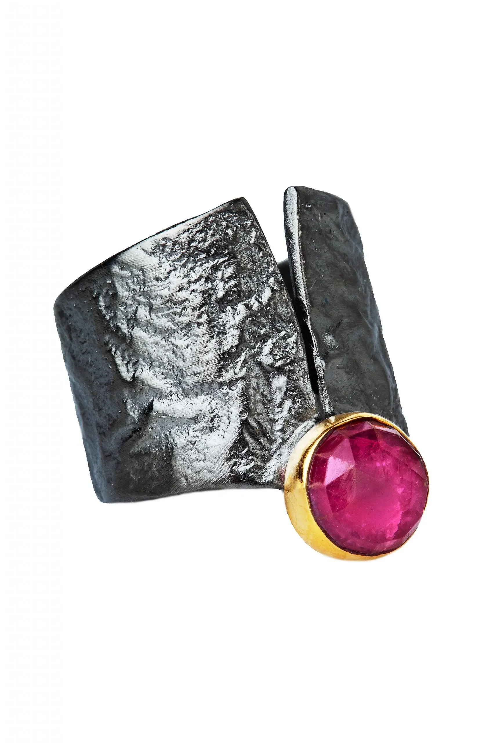 Handmade Jewellery | Ruby textured black plated silver ring gallery 4