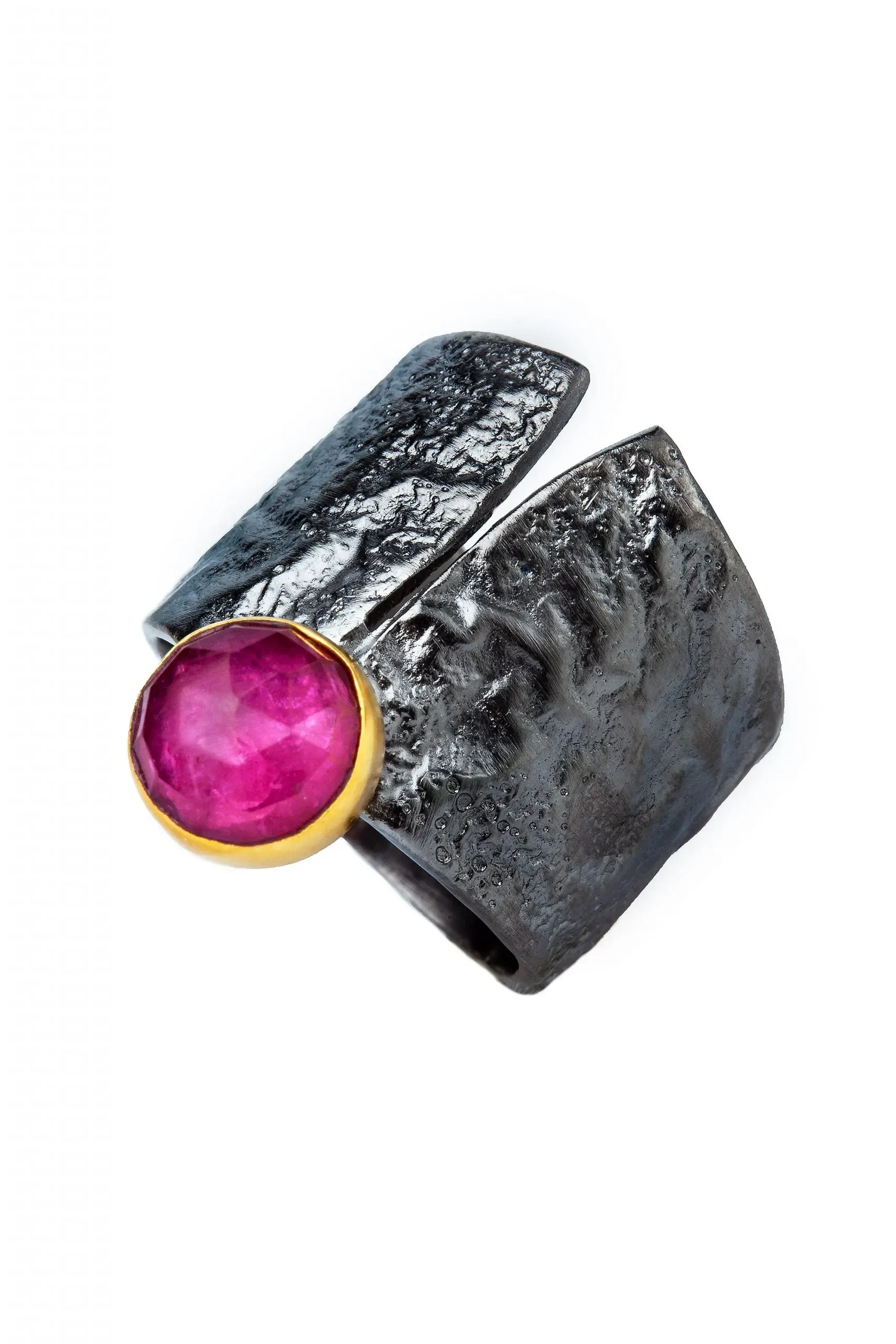 Handmade Jewellery | Ruby textured black plated silver ring main