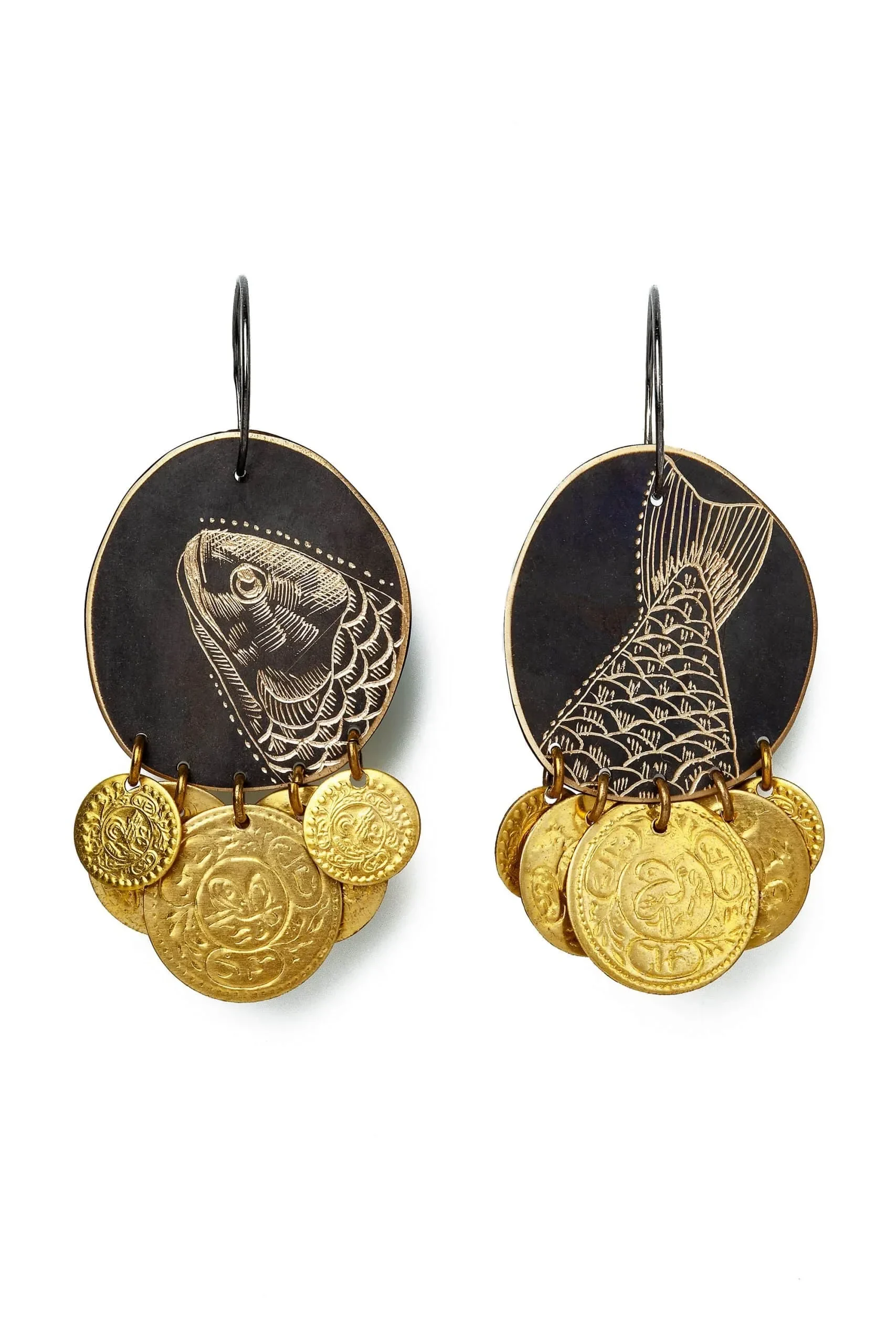 Fish engraved bronze and silver earrings