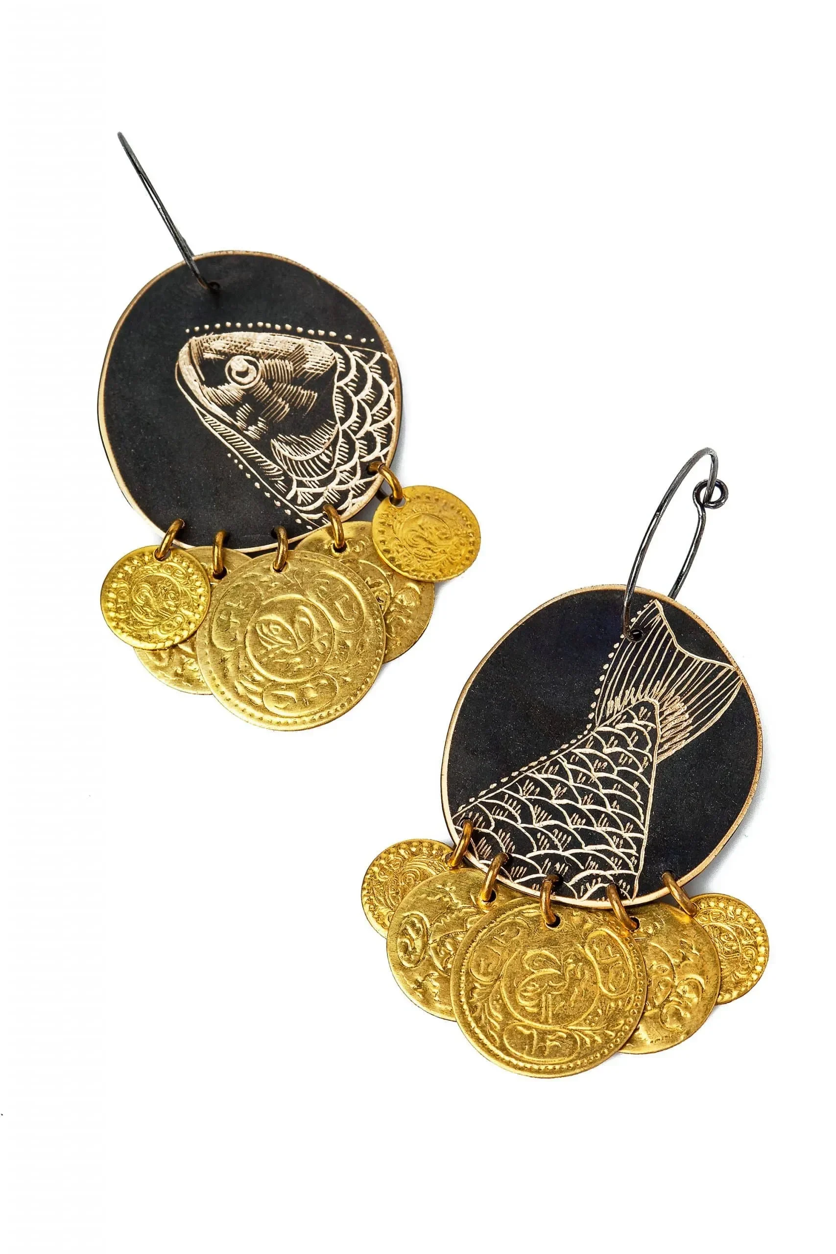 Handmade Jewellery | Fish engraved bronze and silver earrings gallery 2