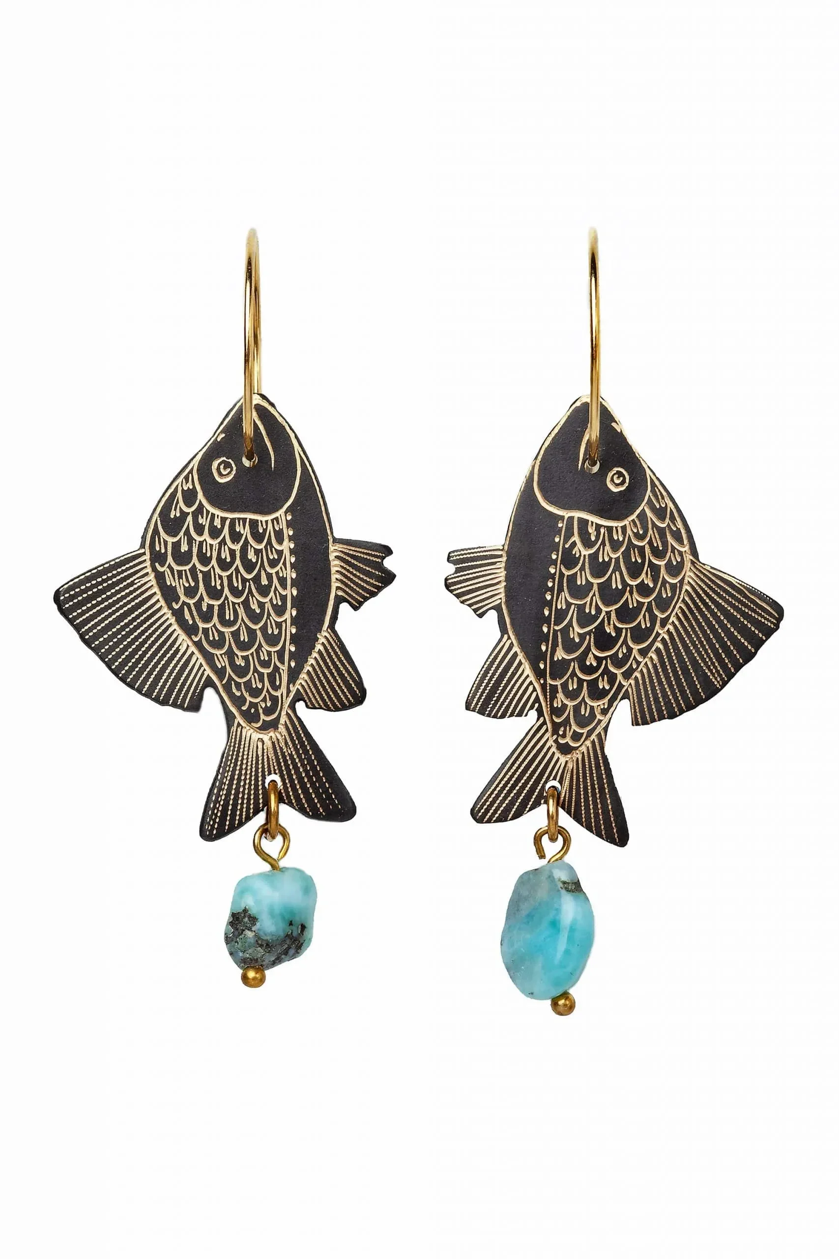 Handmade Jewellery | Fish engraved bronze and silver earrings main