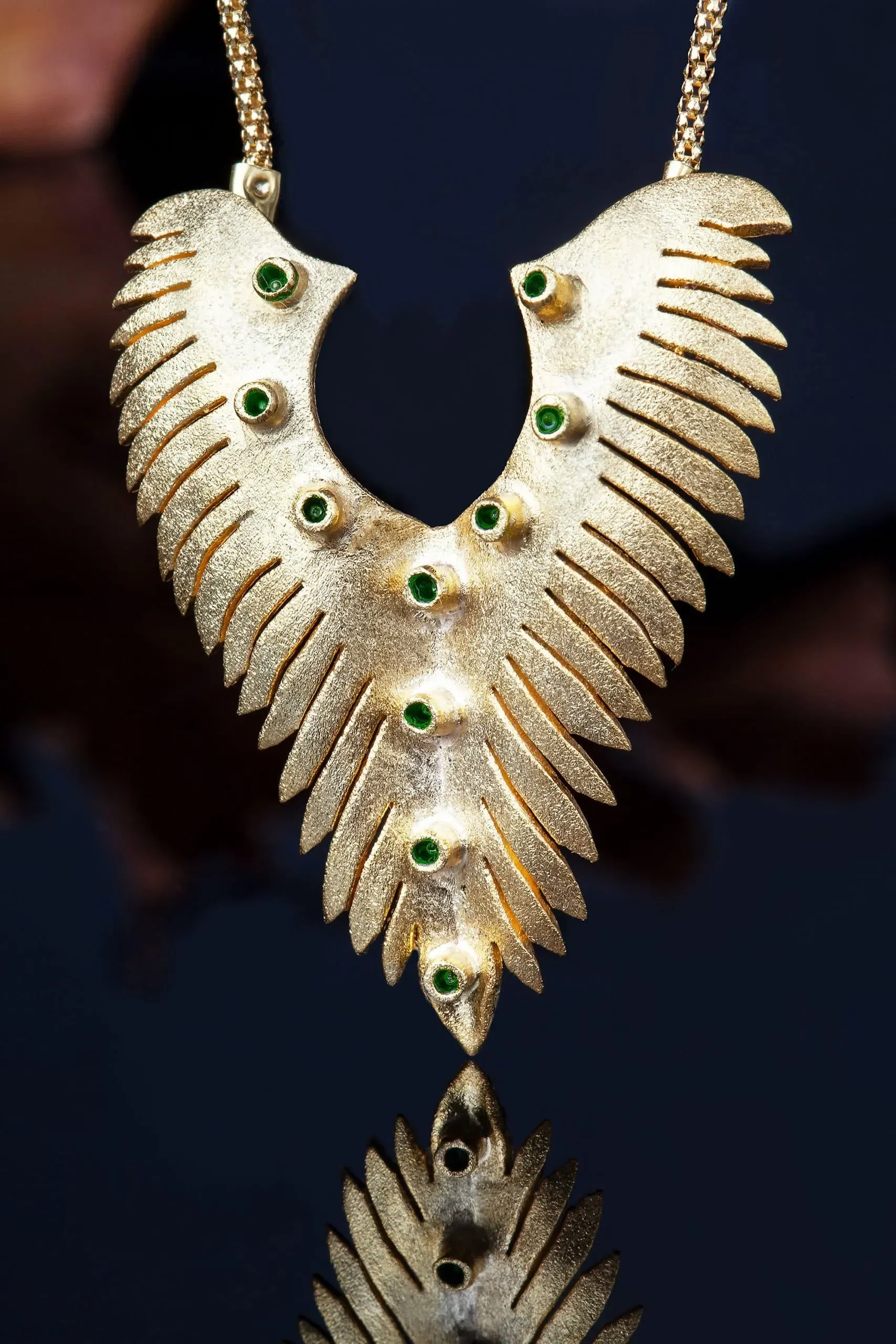 Handmade Jewellery | Wings gold plated silver necklace with green enamel gallery 2