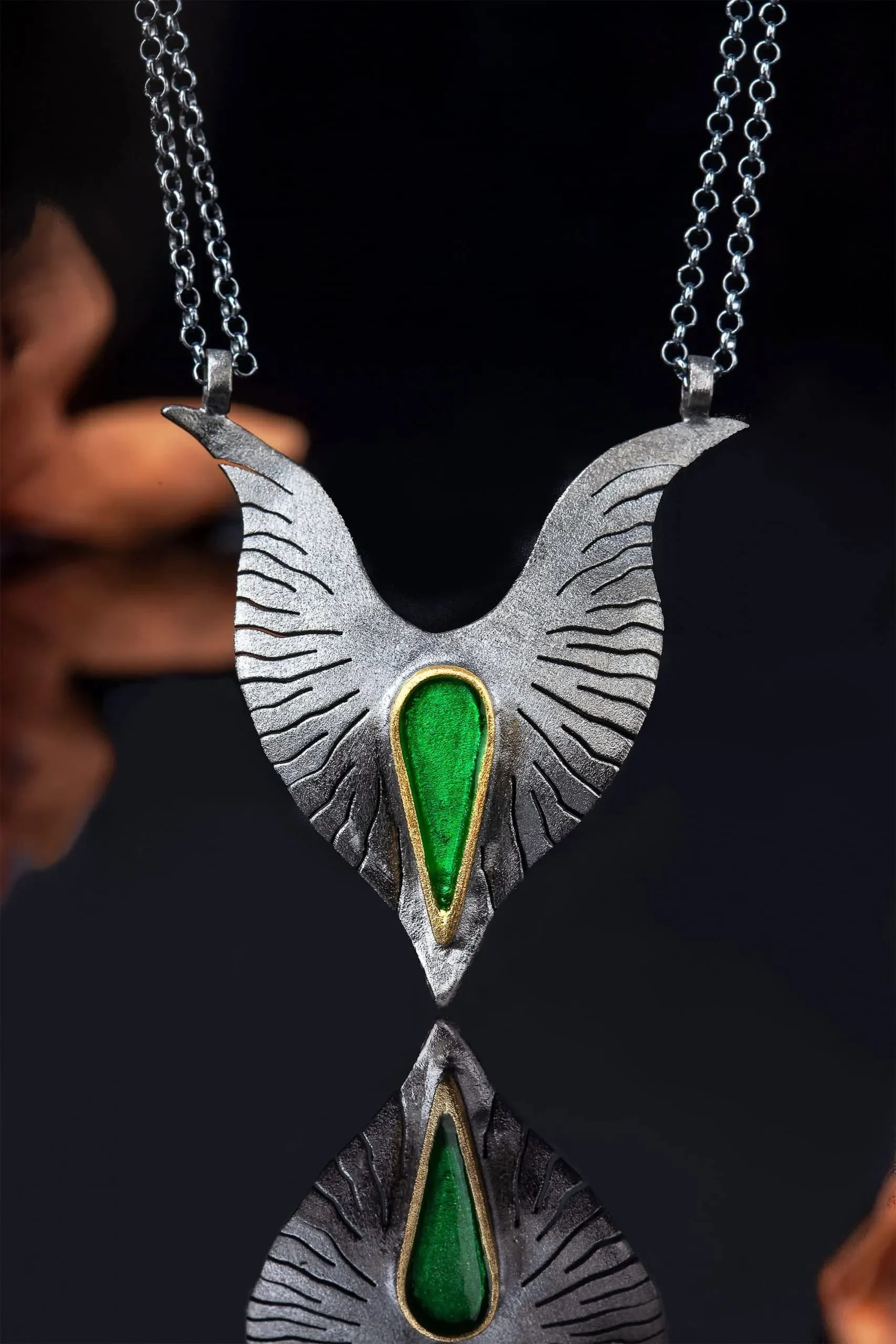 Handmade Jewellery | Wings black silver necklace with green enamel gallery 2