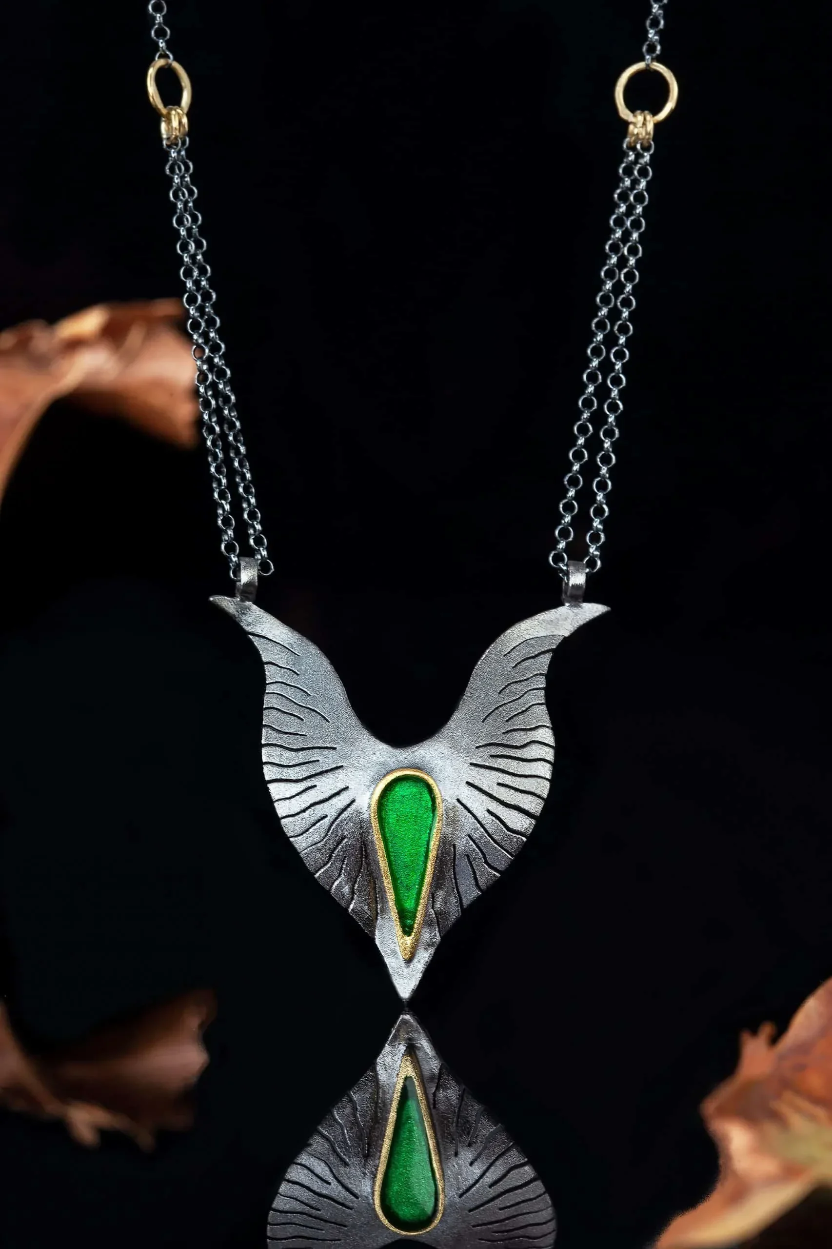 Handmade Jewellery | Wings black silver necklace with green enamel gallery 1