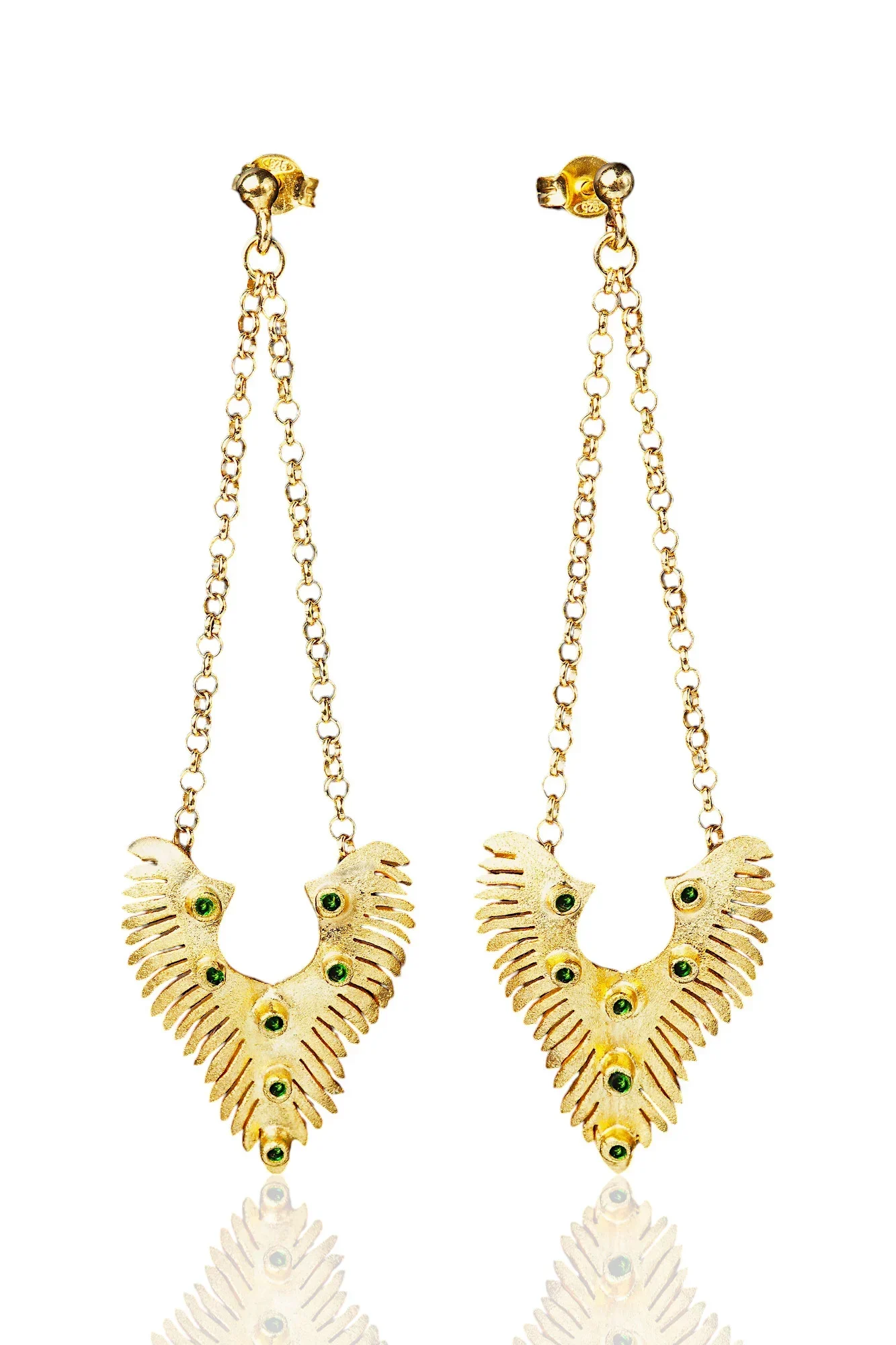 Handmade Jewellery | Wings handmade gold plated silver earrings with green enamel main