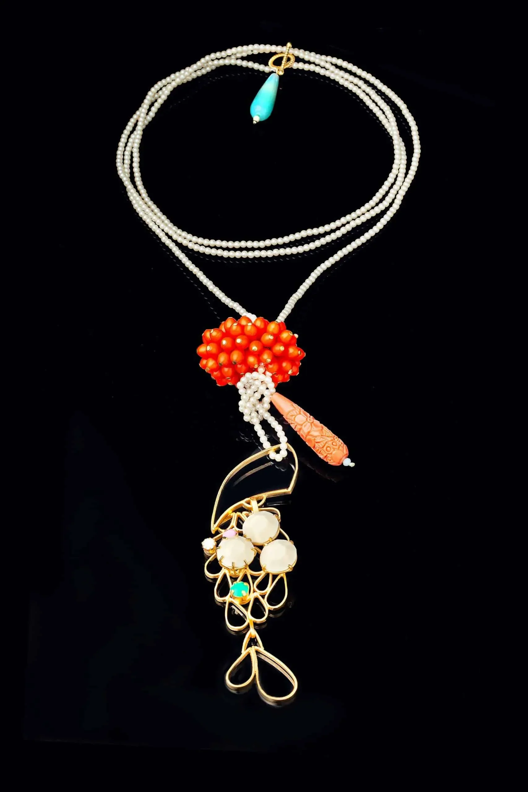 Handmade Jewellery | Fish handmade gold plated long necklace and pearls gallery 1