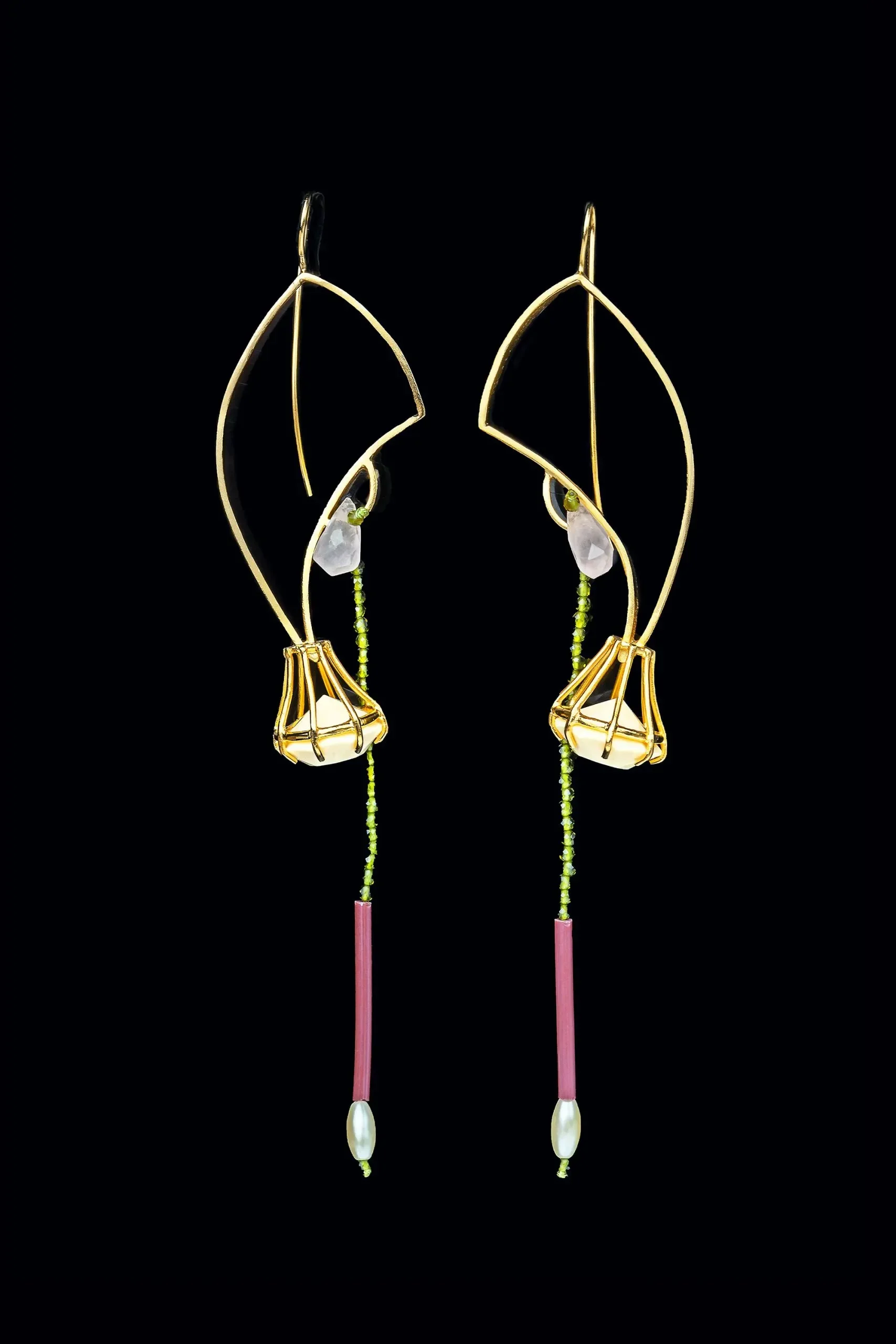 Handmade Jewellery | Handmade gold plated bronze fish earrings and crystals gallery 2