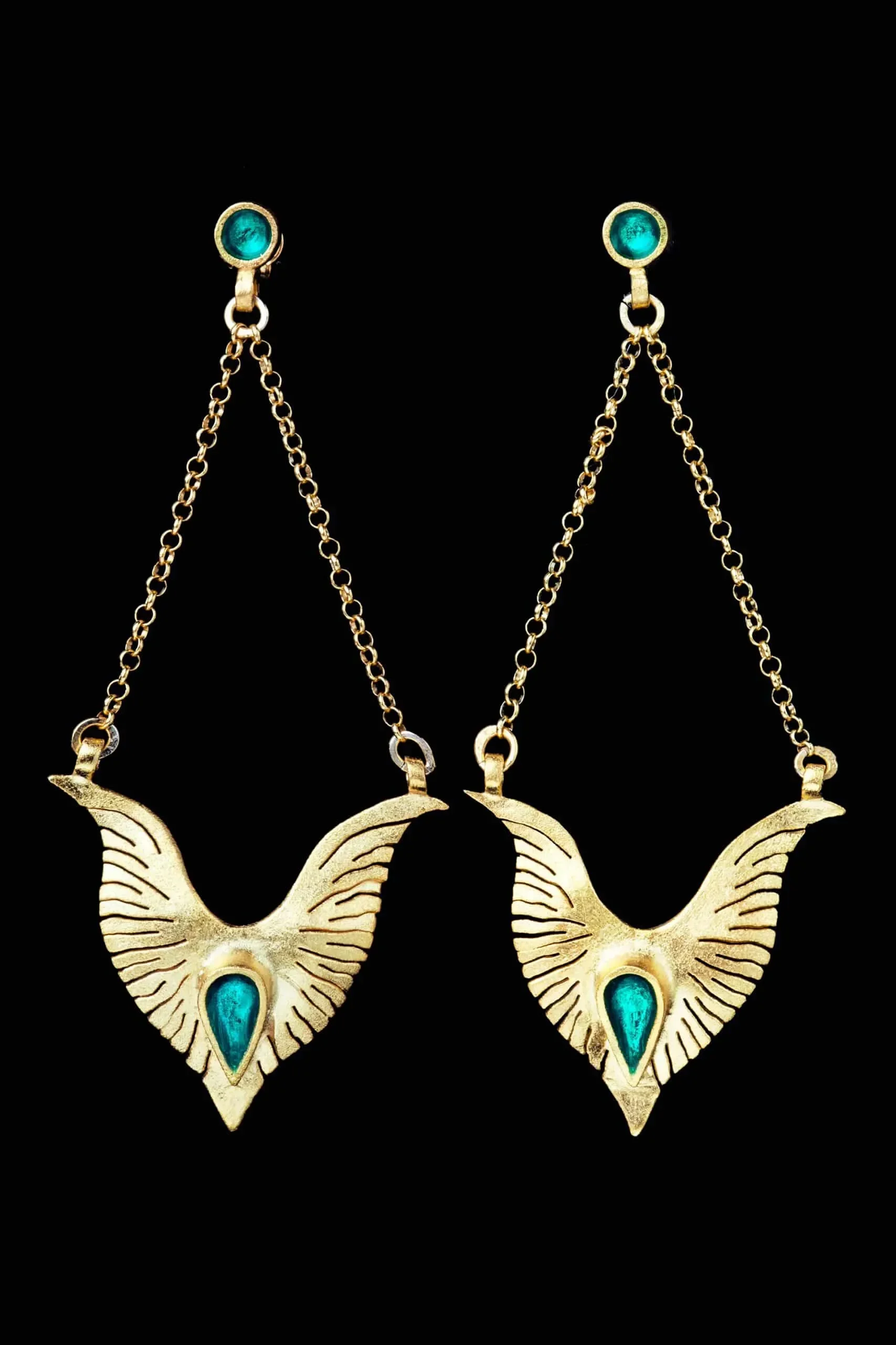 Handmade Jewellery | Wings gold plated silver earrings with turquoise enamel gallery 1