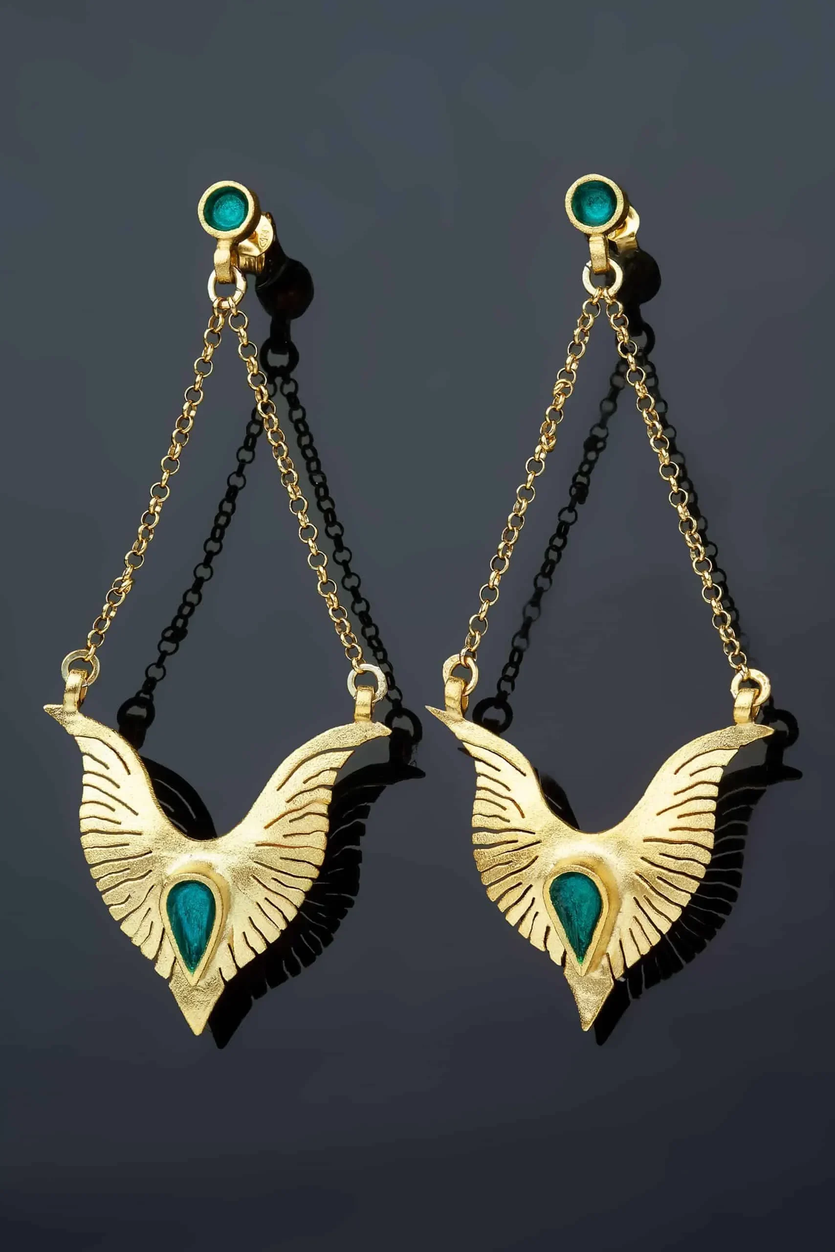 Handmade Jewellery | Wings gold plated silver earrings with turquoise enamel gallery 2