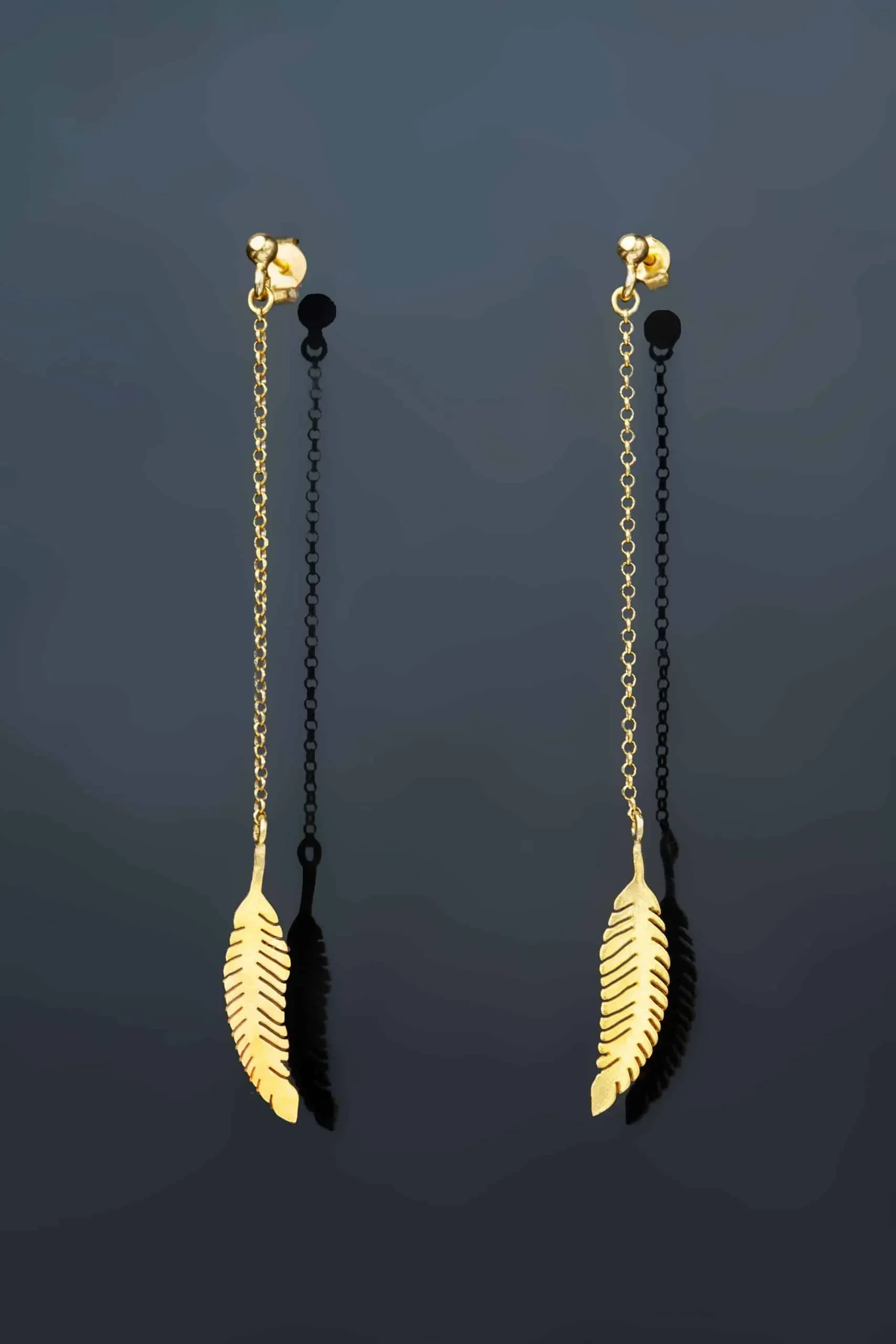 Handmade Jewellery | Feather long gold plated silver earrings gallery 2