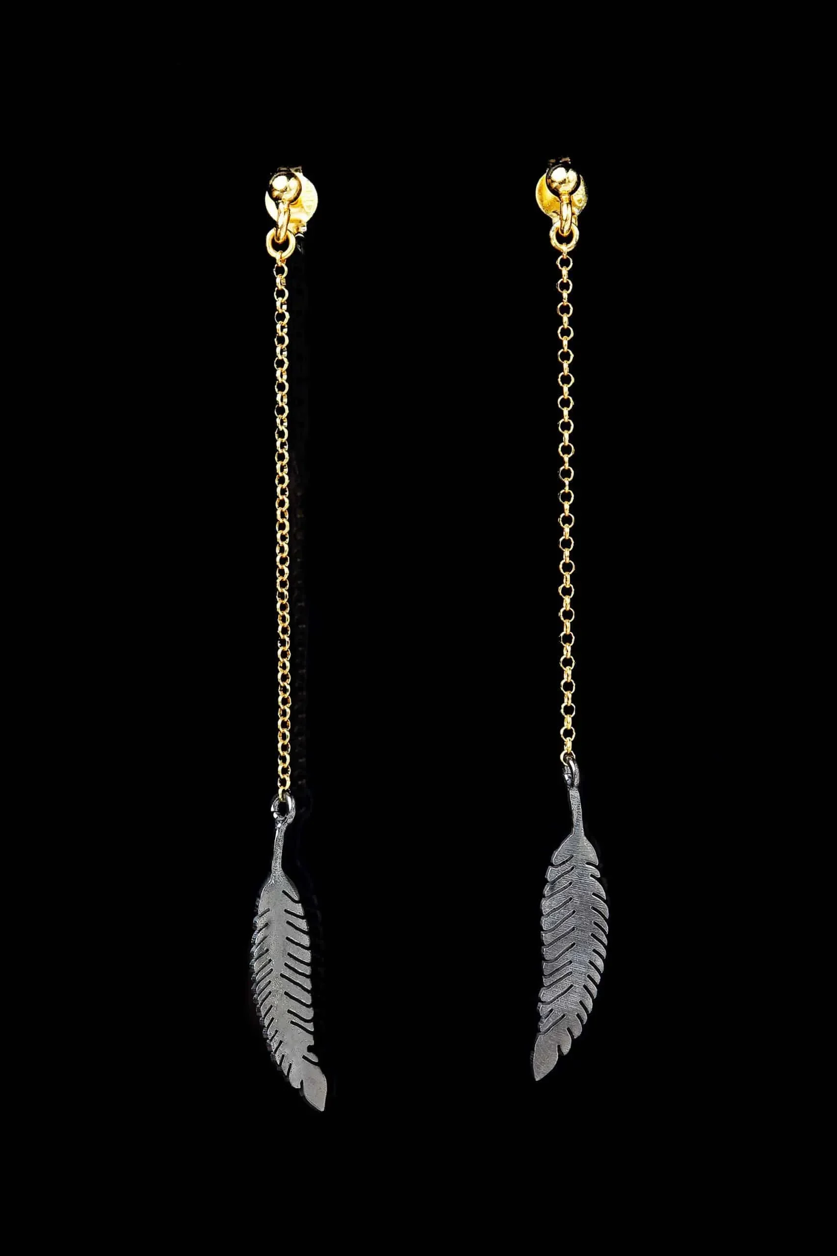 Handmade Jewellery | Feather long gold and black plated silver earrings gallery 1