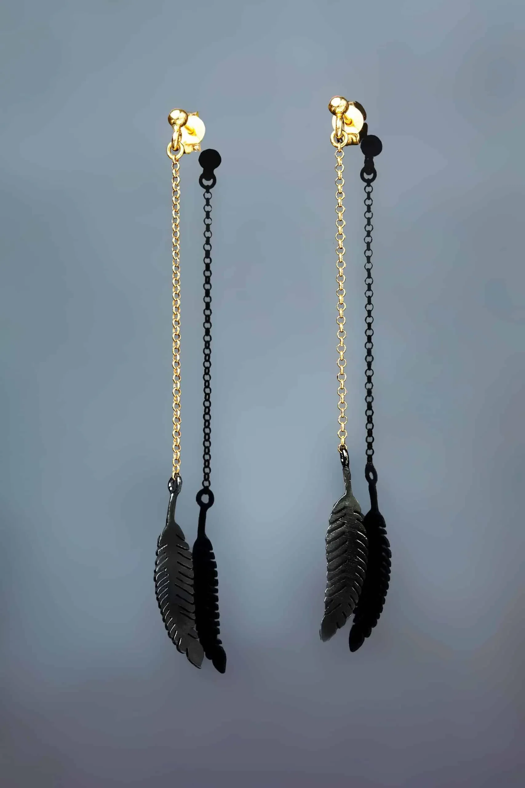 Handmade Jewellery | Feather long gold and black plated silver earrings gallery 2