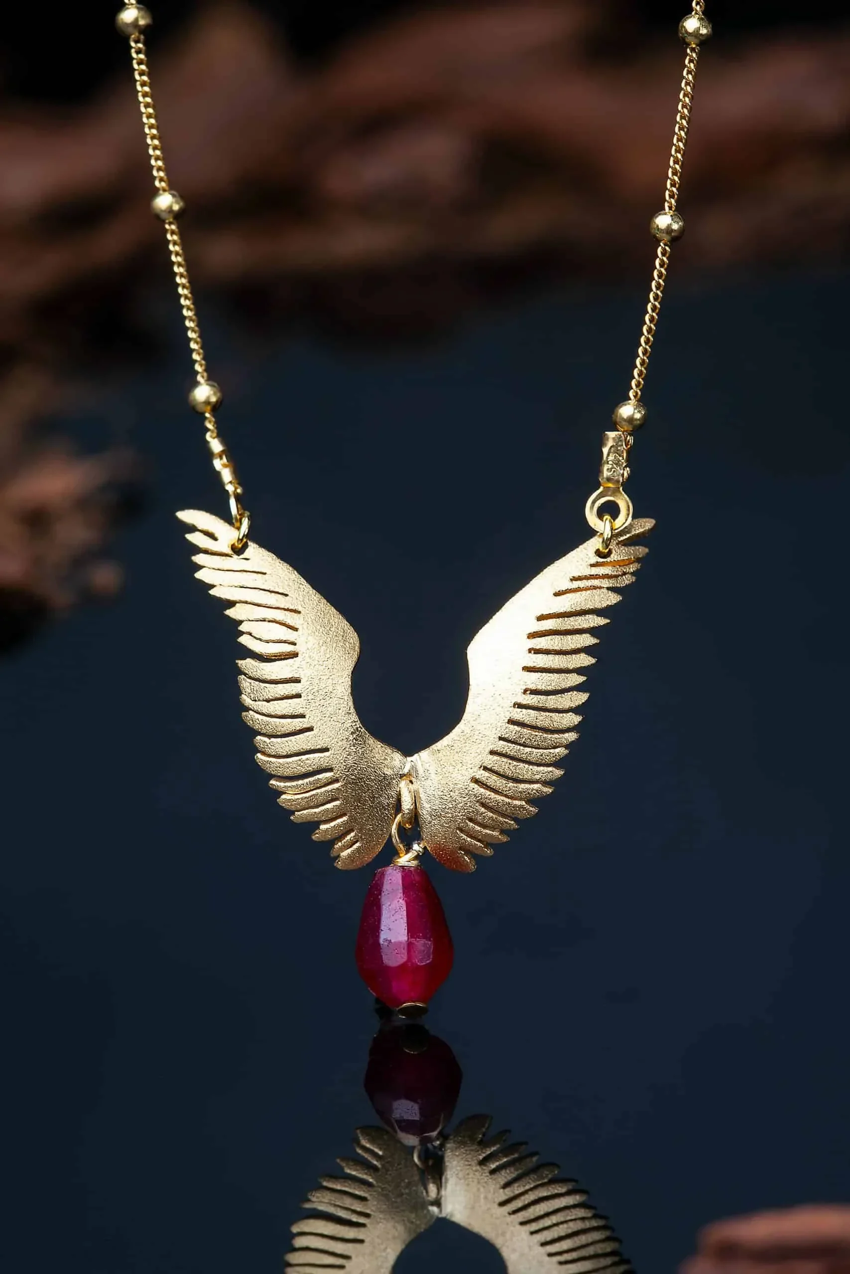 Handmade Jewellery | Angel wings gold plated silver necklace with agate gallery 1