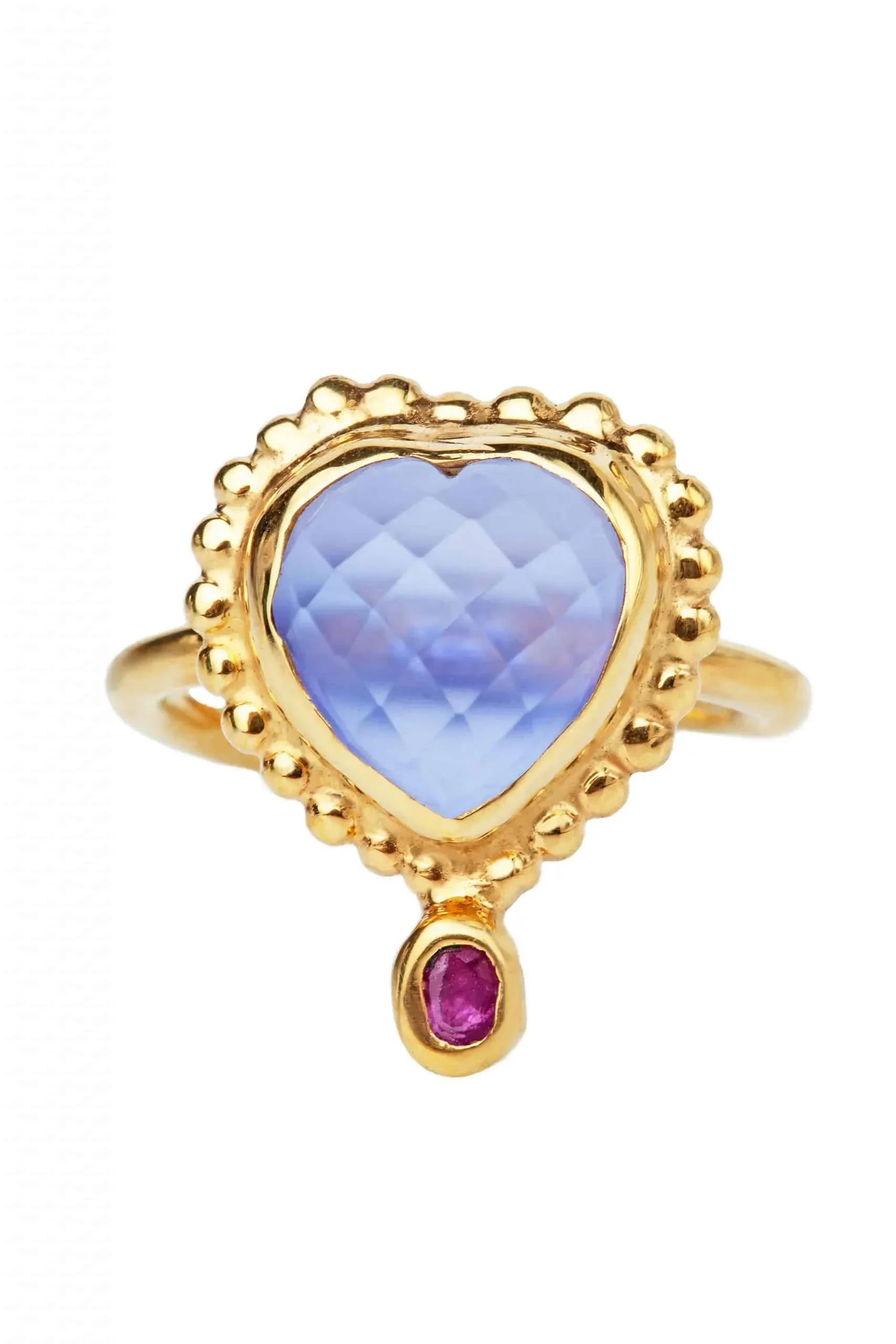 Handmade Jewellery | Purple Jade heart gold plated silver ring with ruby gallery 2