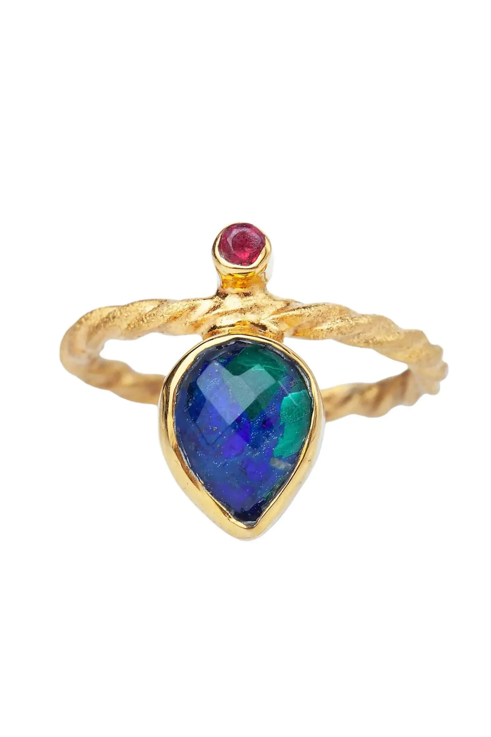 Azurite and malachite gold plated silver ring