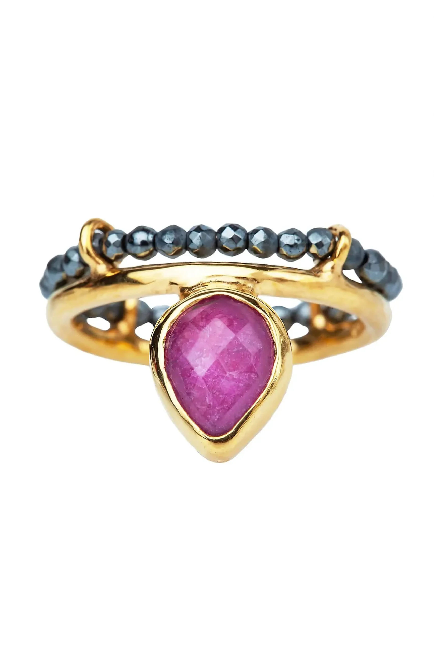 Handmade Jewellery | Ruby gold plated silver ring combined with hematite main