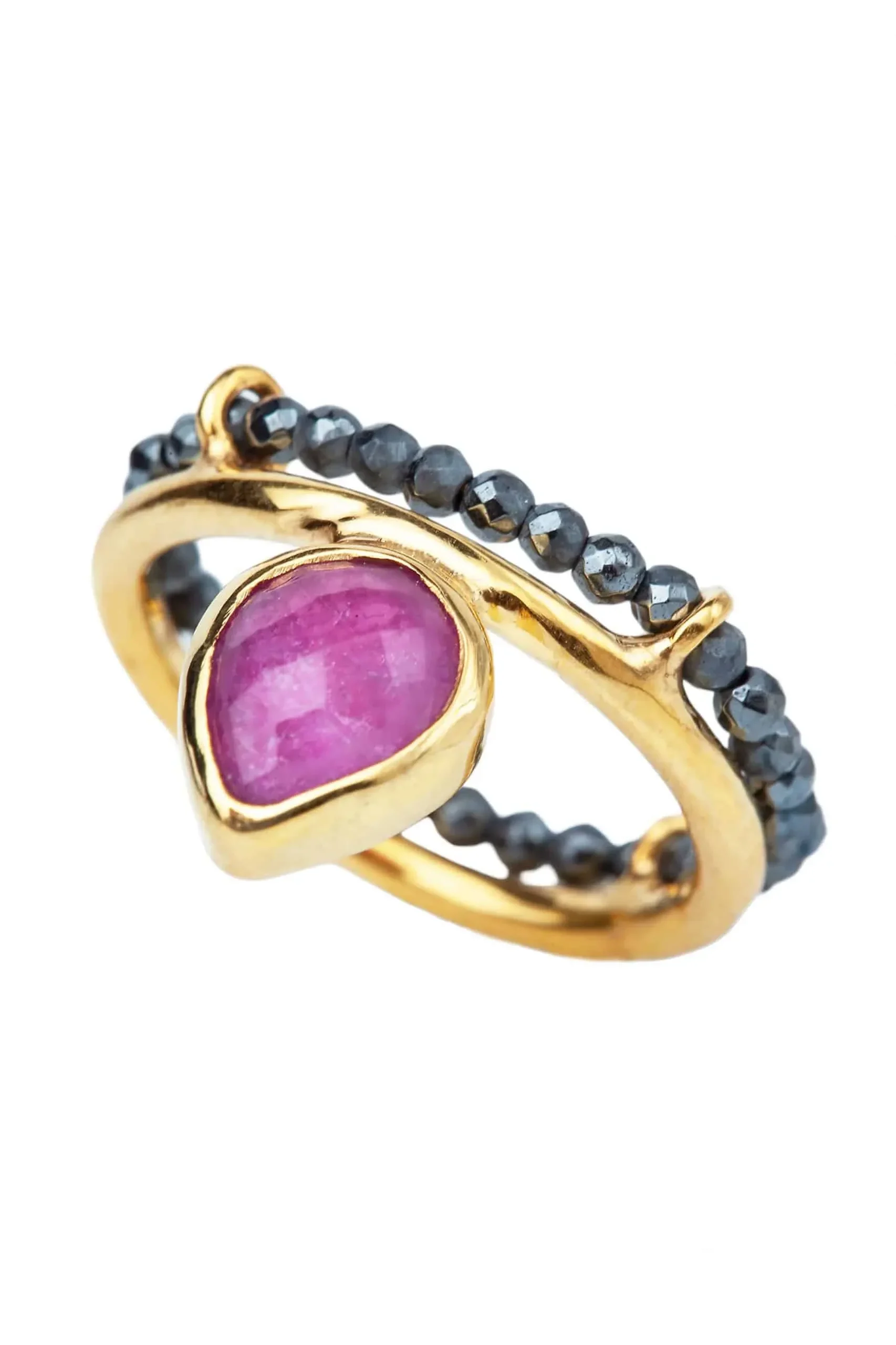 Handmade Jewellery | Ruby gold plated silver ring combined with hematite gallery 1