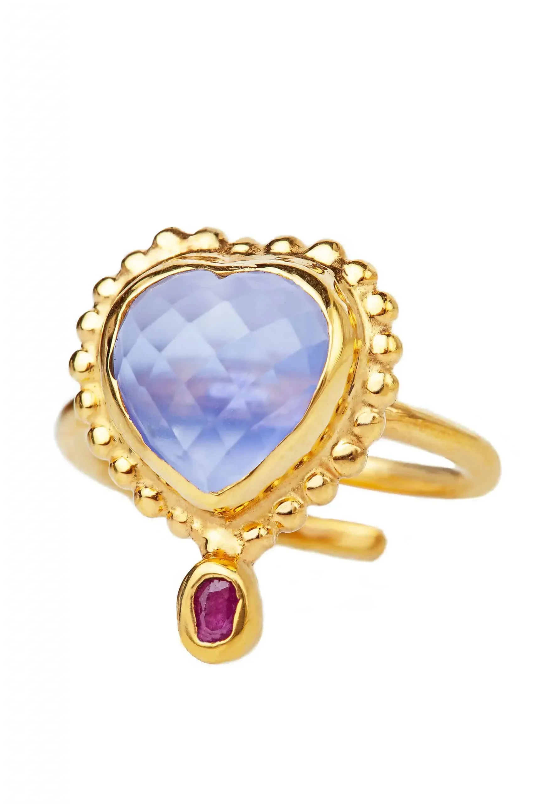 Handmade Jewellery | Purple Jade heart gold plated silver ring with ruby gallery 3