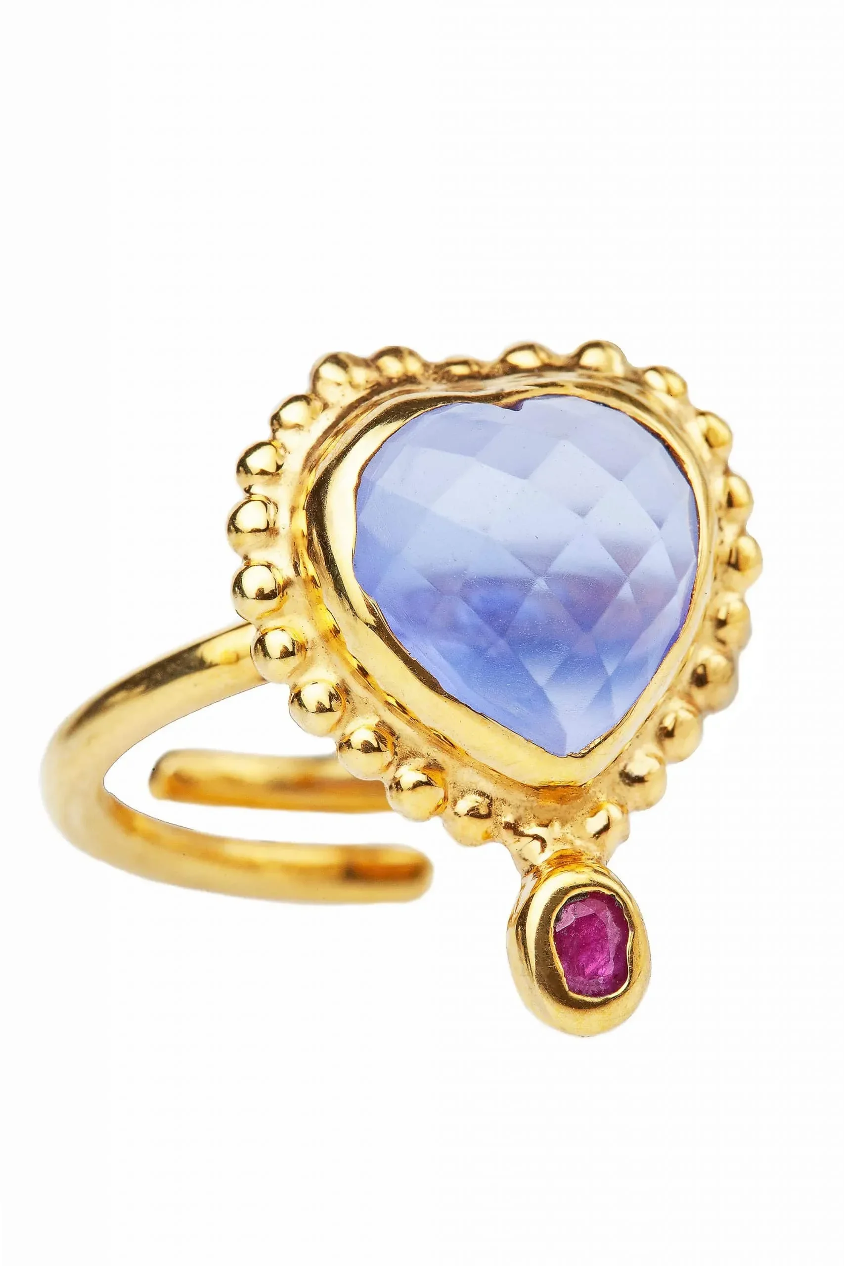 Handmade Jewellery | Purple Jade heart gold plated silver ring with ruby main