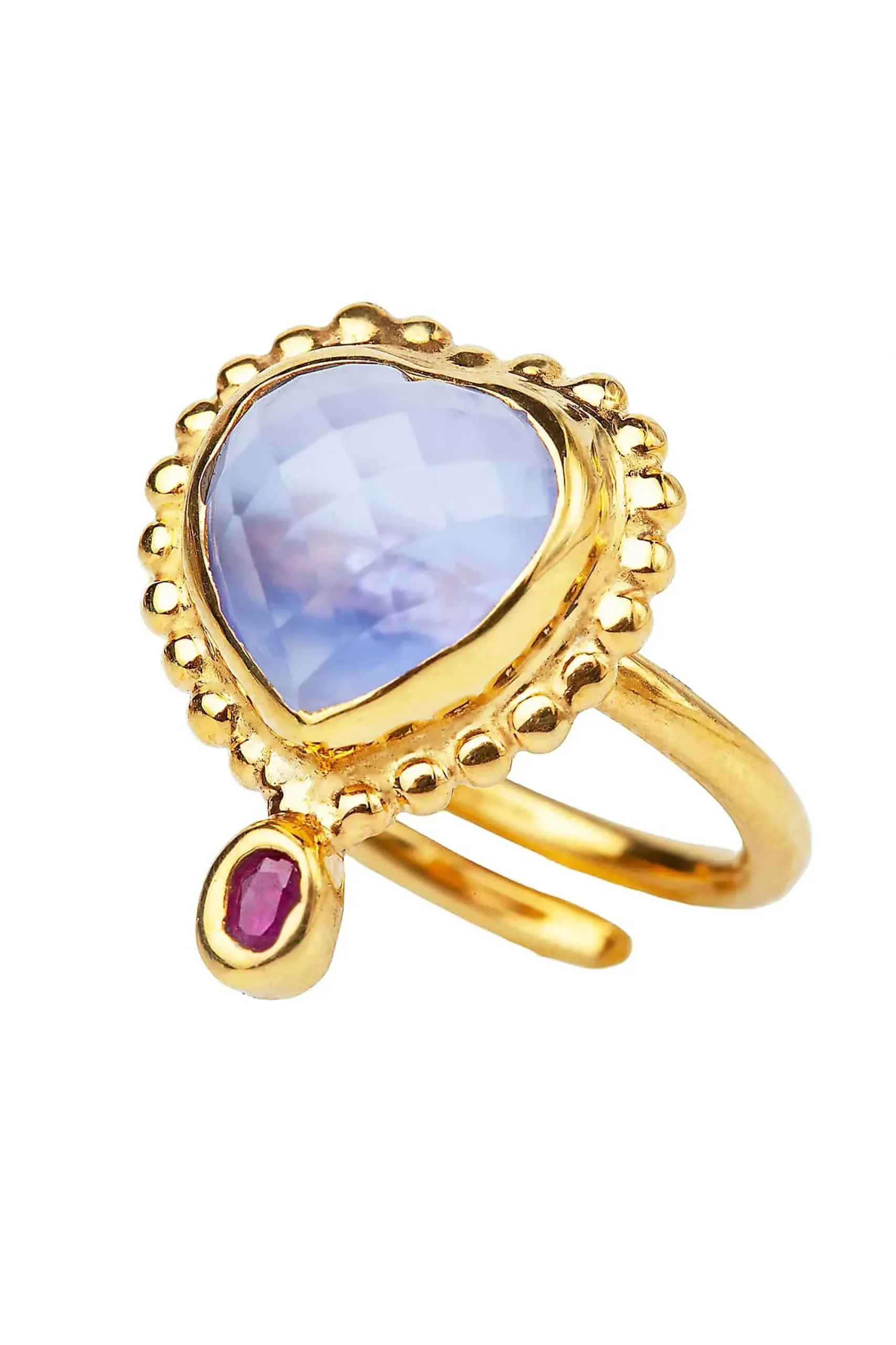 Handmade Jewellery | Purple Jade heart gold plated silver ring with ruby gallery 1