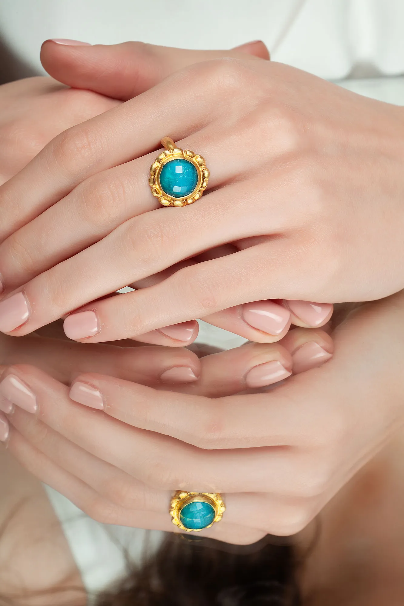 Handmade Jewellery | Chrysocolla flower gold plated silver ring gallery 1