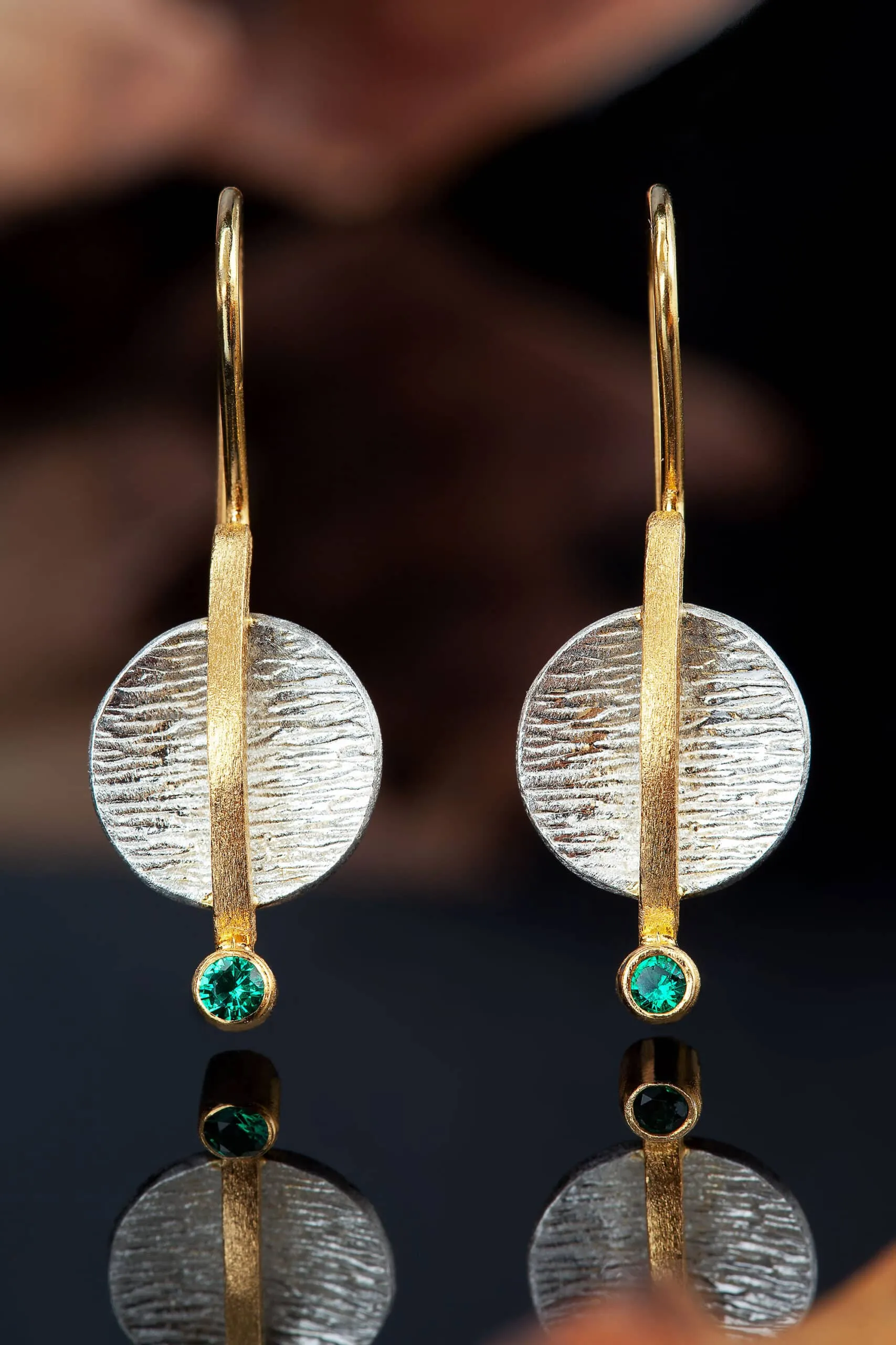 Handmade Jewellery | Textured handmade silver earrings with green zircon and gold plated details gallery 1