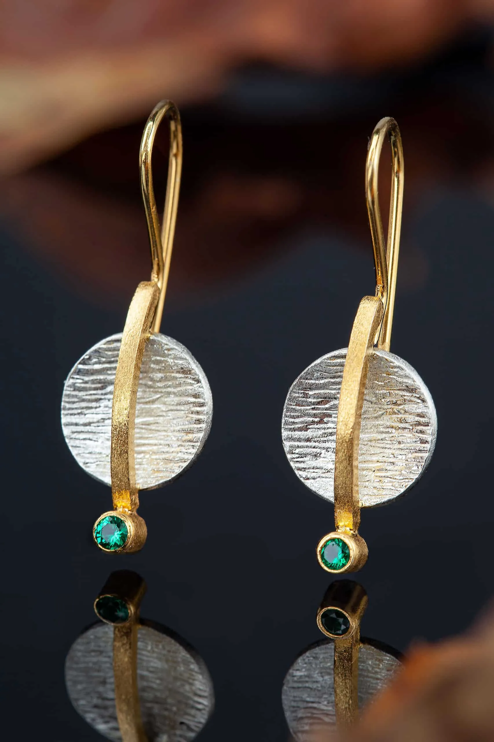 Handmade Jewellery | Textured handmade silver earrings with green zircon and gold plated details gallery 2