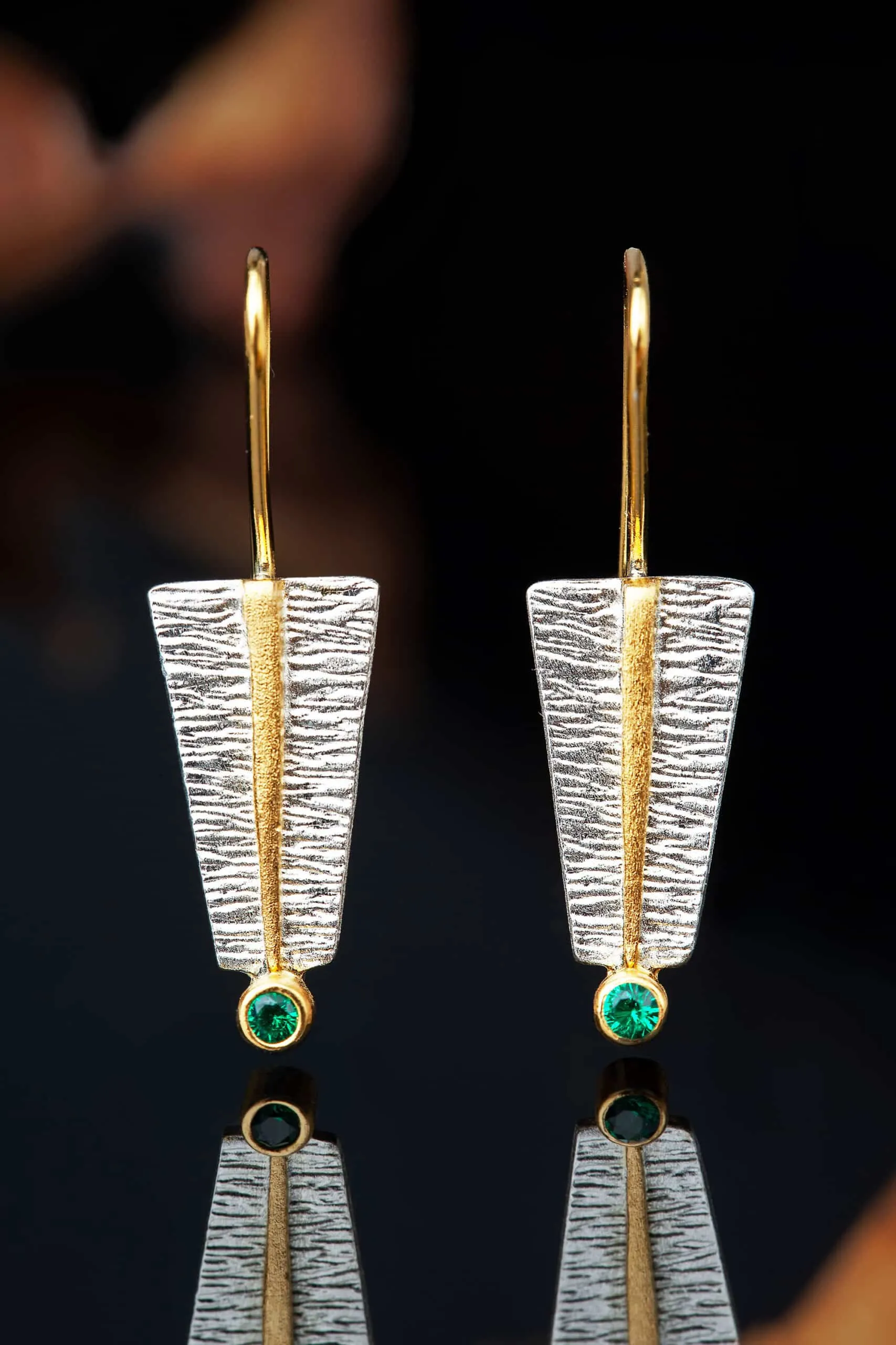 Handmade Jewellery | Textured handmade silver earrings with zircon gallery 1