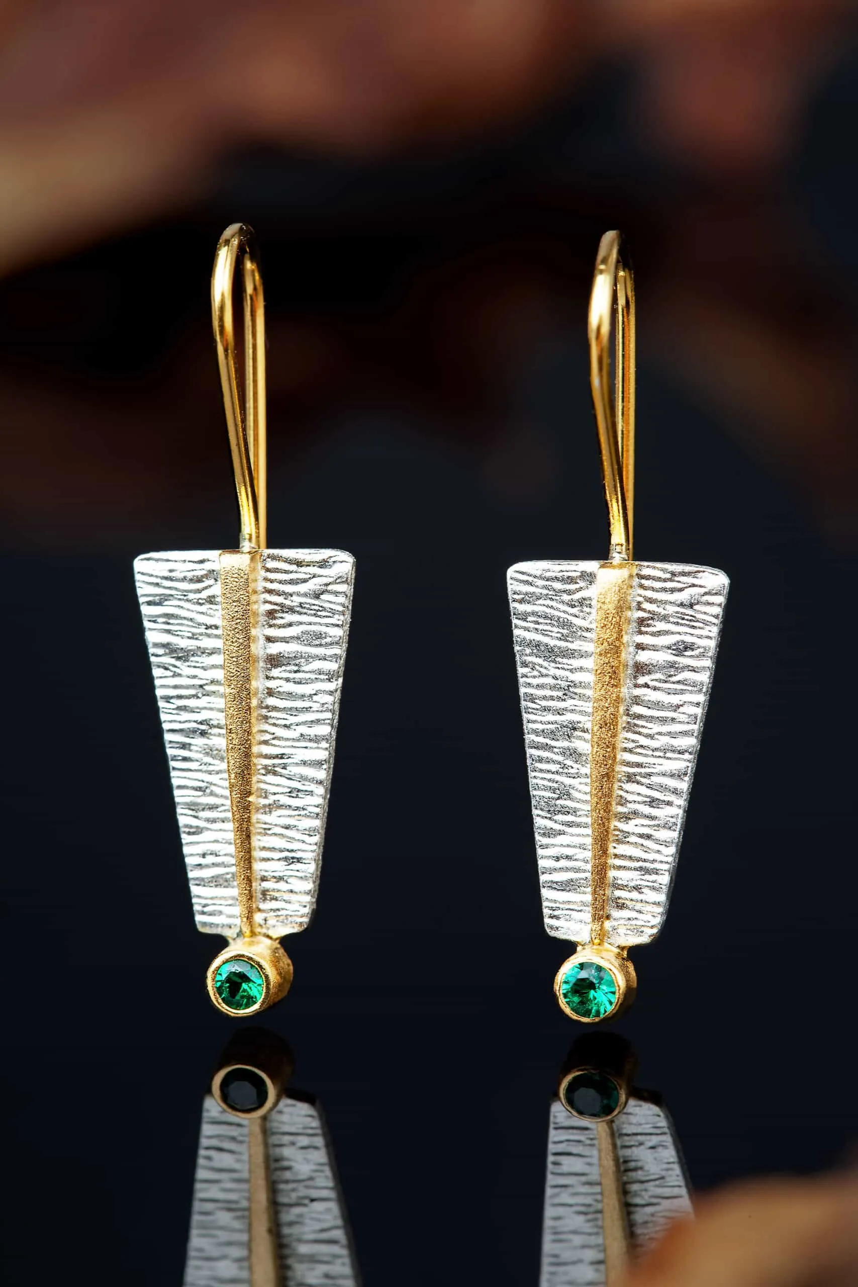 Handmade Jewellery | Textured handmade silver earrings with zircon gallery 3