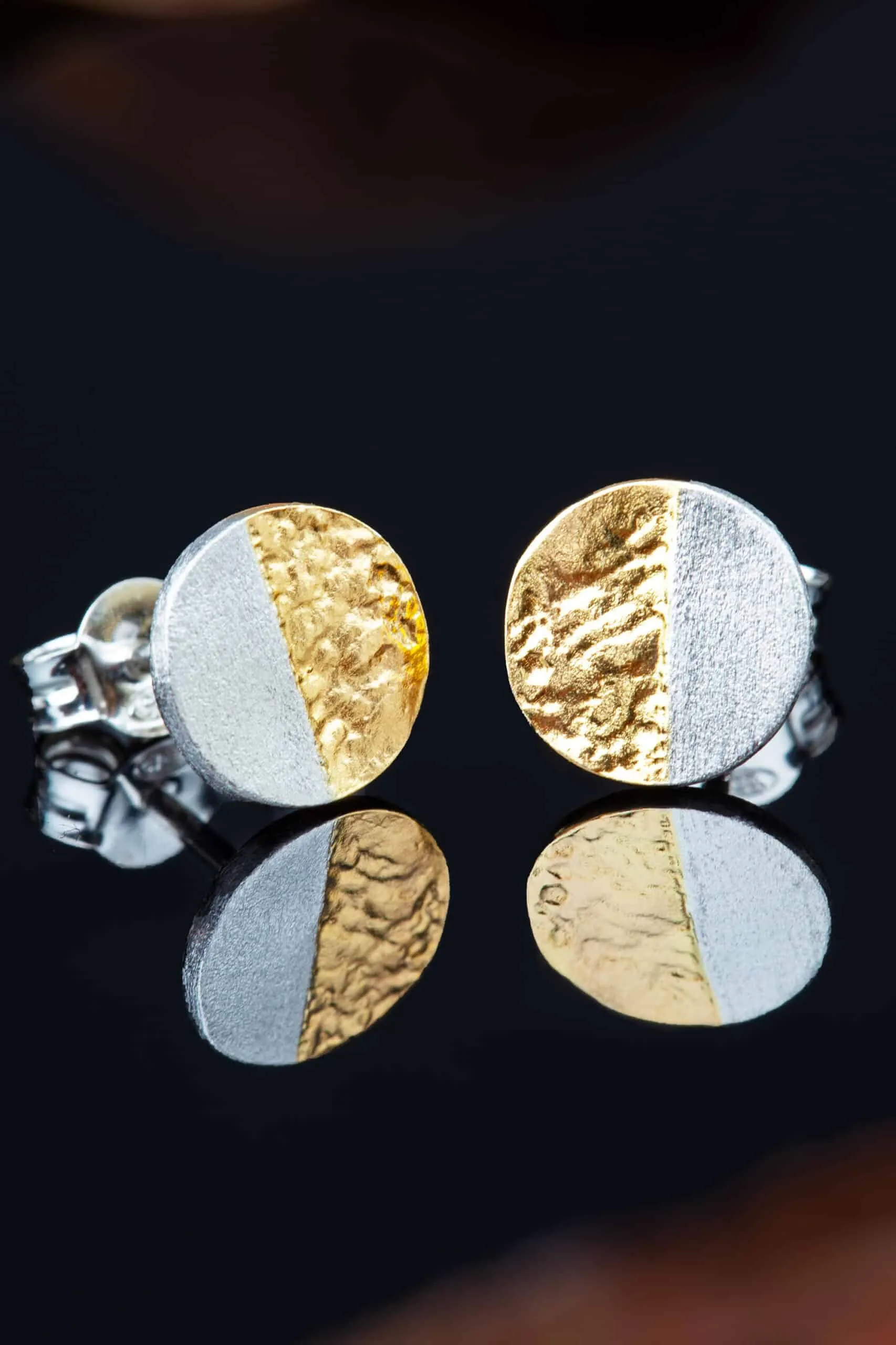 Handmade Jewellery | Round textured silver stud earrings with gold plated details gallery 1