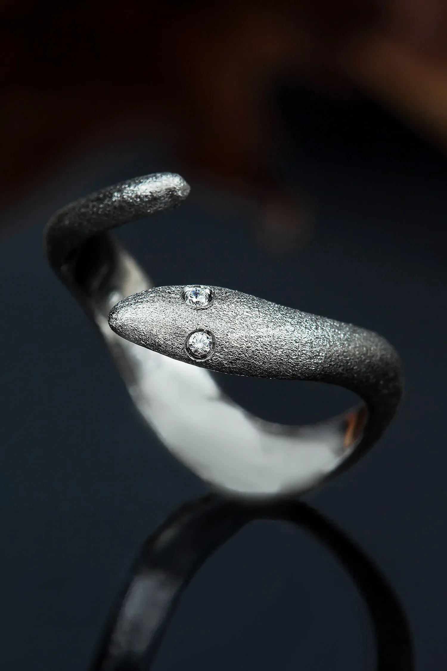 Handmade Jewellery | Snake black rhodium plated silver ring with zircon gallery 1