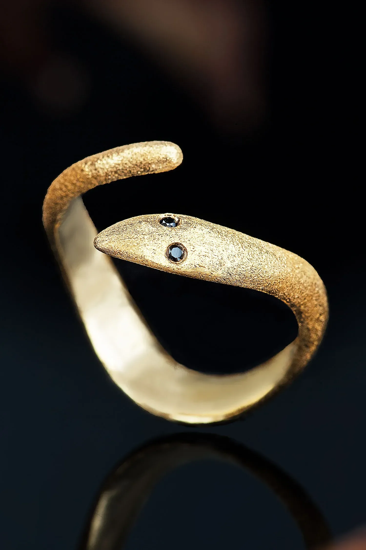 Handmade Jewellery | Snake gold plated silver ring with black zircon gallery 1