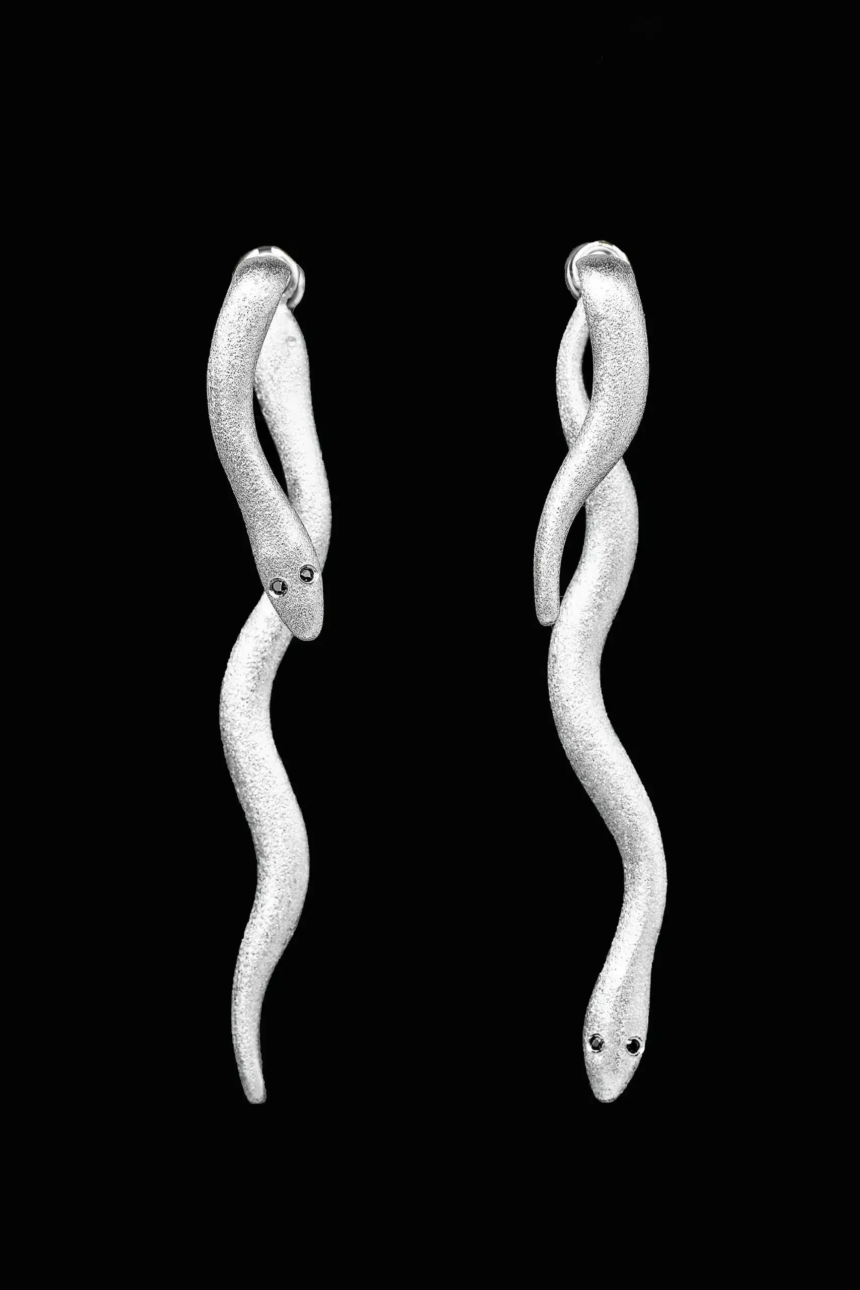 Handmade Jewellery | Snakes unique long silver earrings with black zircon gallery 1