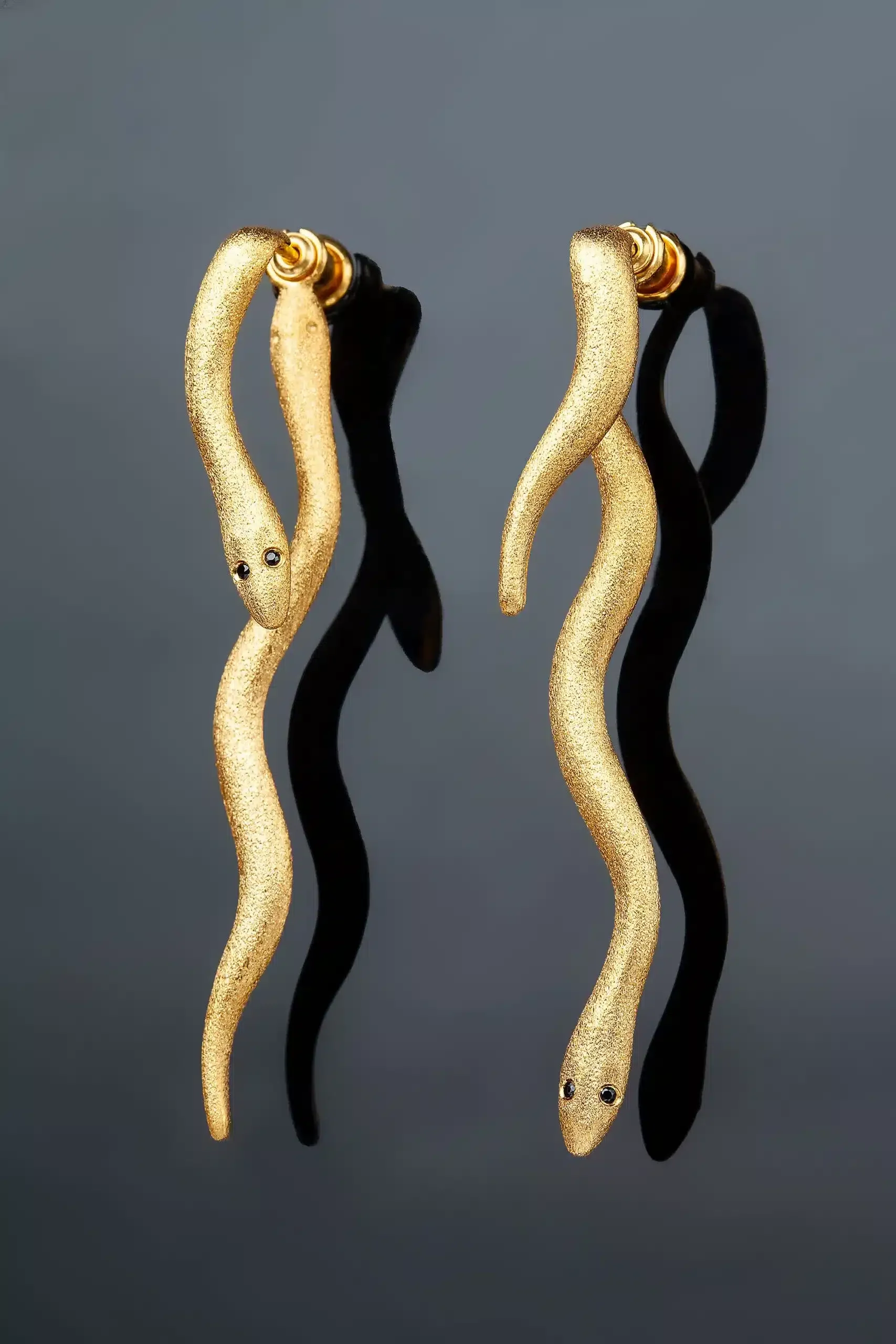 Handmade Jewellery | Snakes unique gold plated silver earrings gallery 2