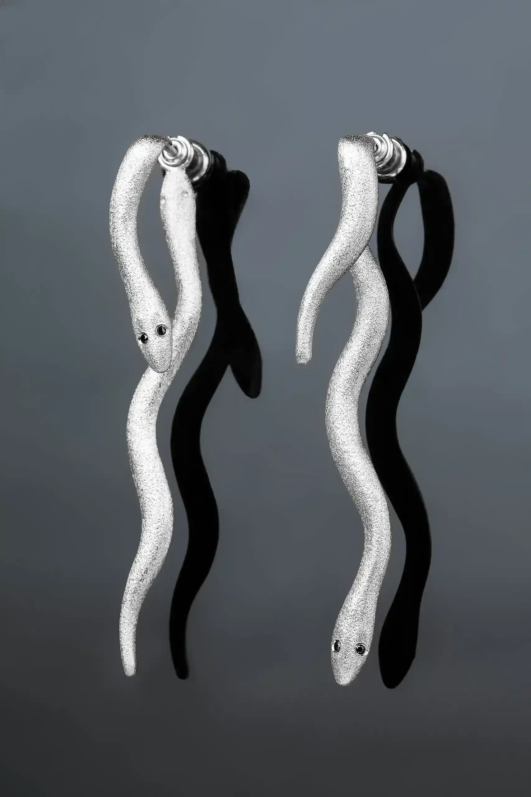 Handmade Jewellery | Snakes unique long silver earrings with black zircon gallery 2