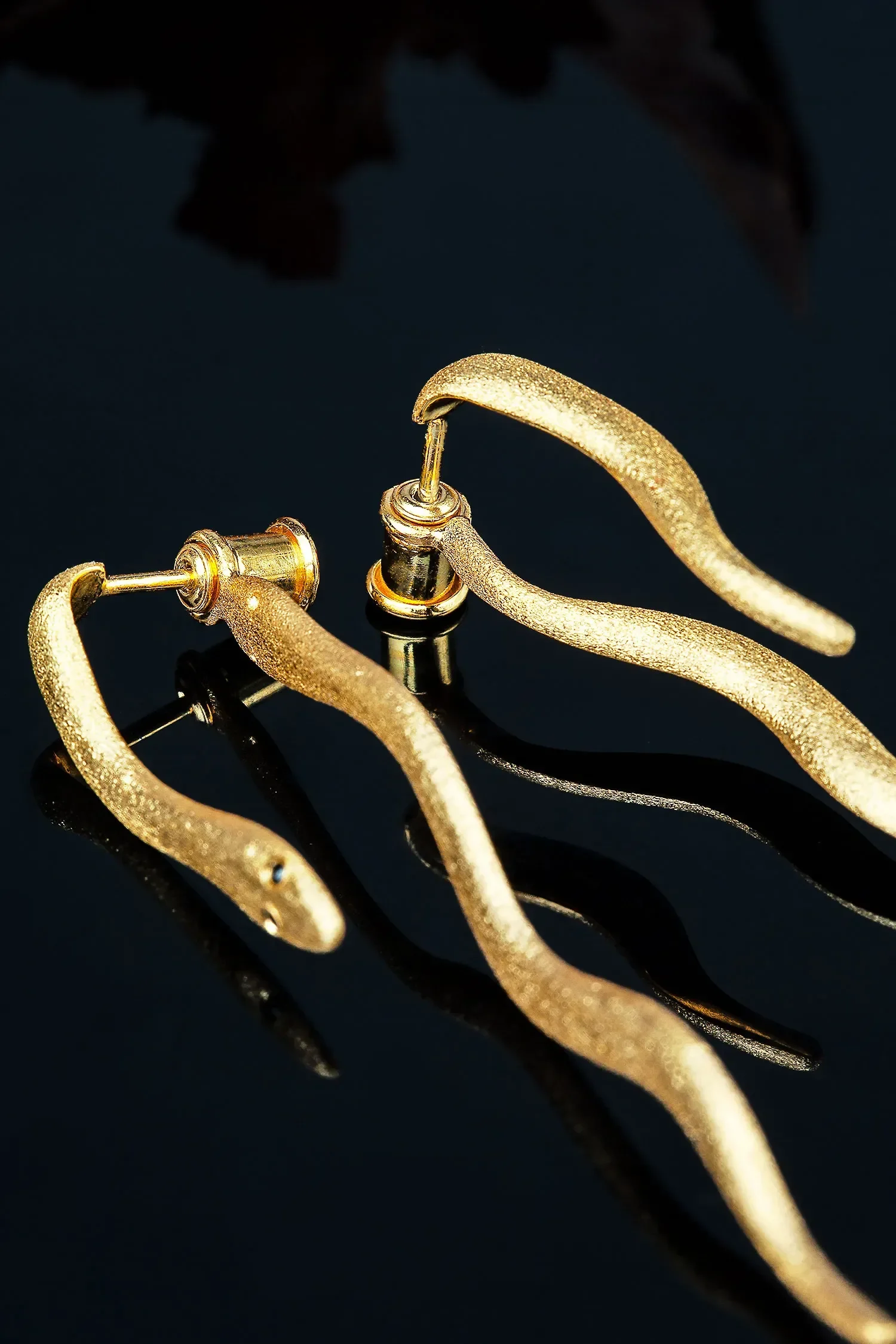 Handmade Jewellery | Snakes unique gold plated silver earrings gallery 3