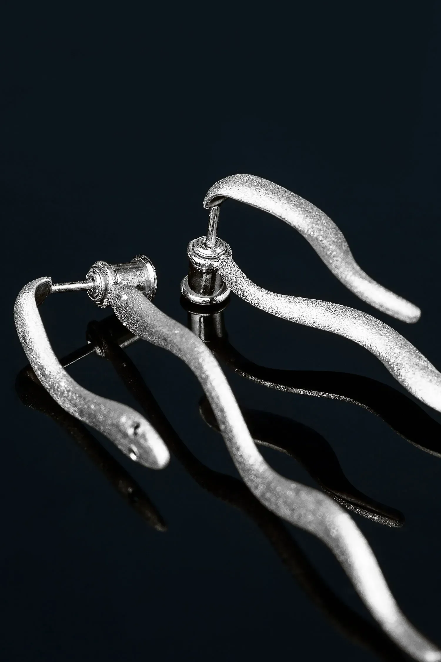 Handmade Jewellery | Snakes unique long silver earrings with black zircon gallery 3