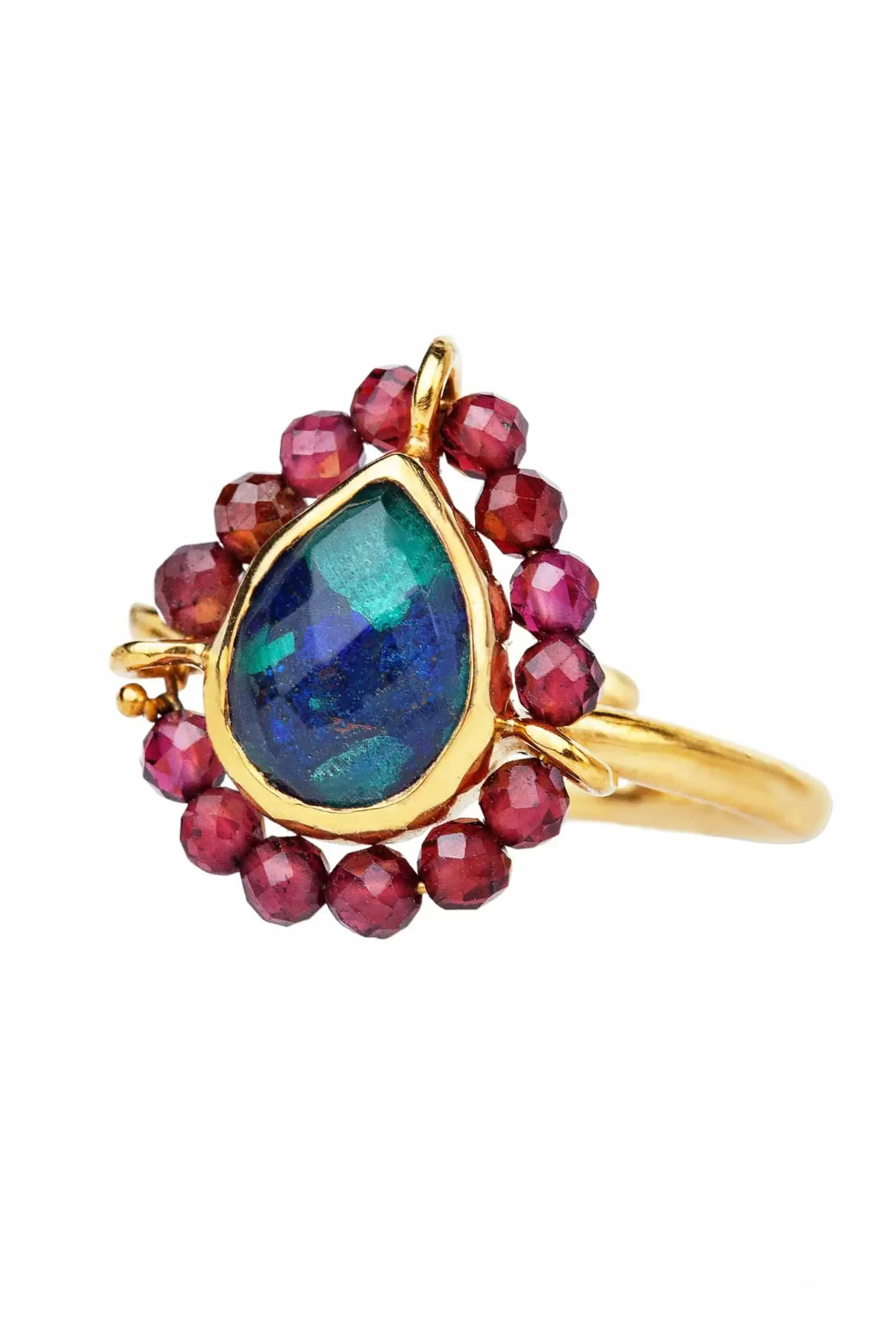 Handmade Jewellery | Tear shaped azurite and malachite gold plated silver ring gallery 2