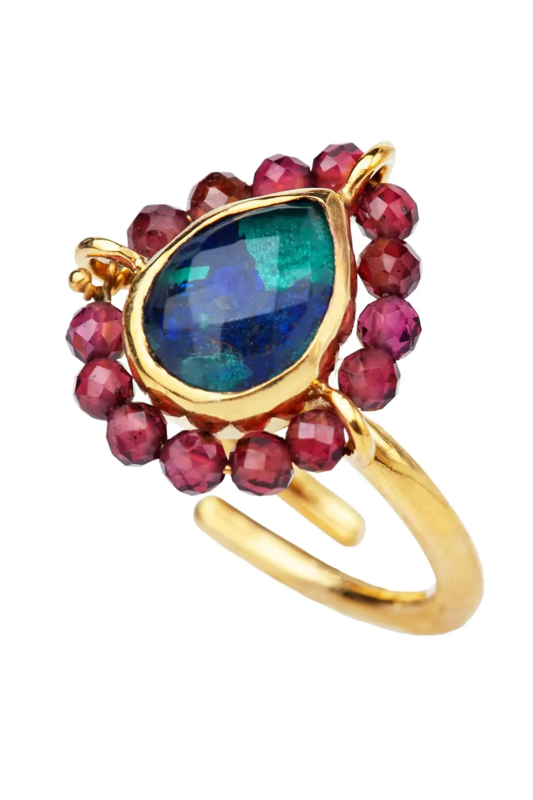 Handmade Jewellery | Tear shaped azurite and malachite gold plated silver ring main