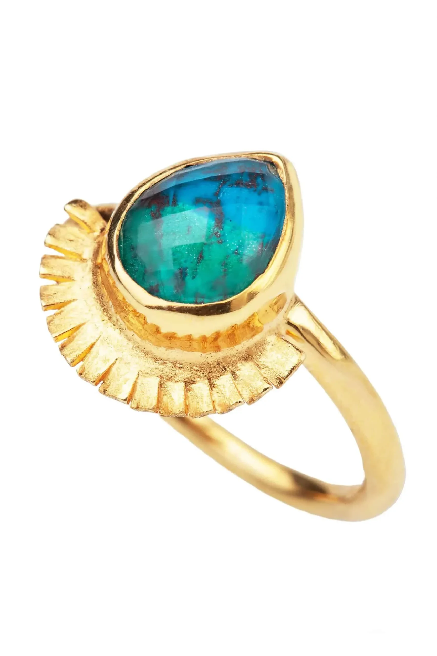 Handmade Jewellery | Tear shaped chrysocolla gold plated silver ring main