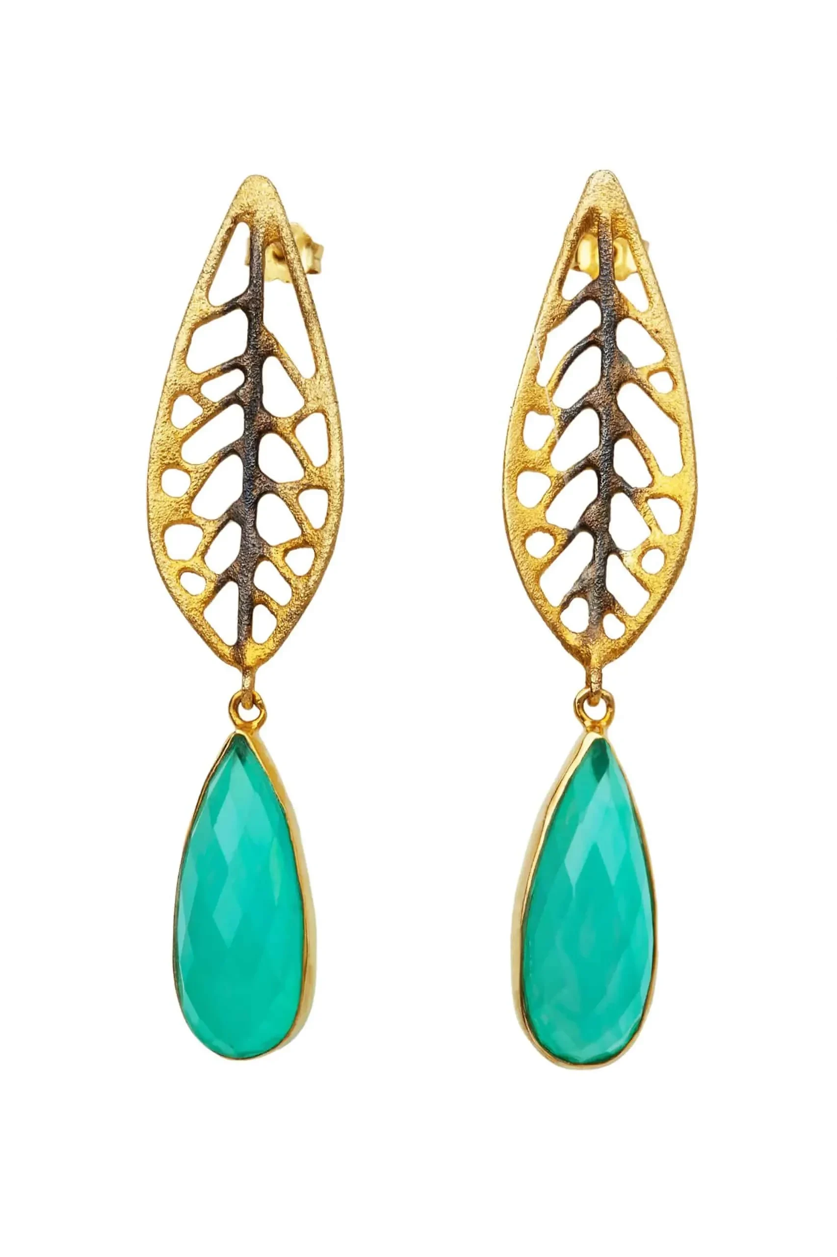 Handmade Jewellery | Leaves green agate gold plated silver earrings main