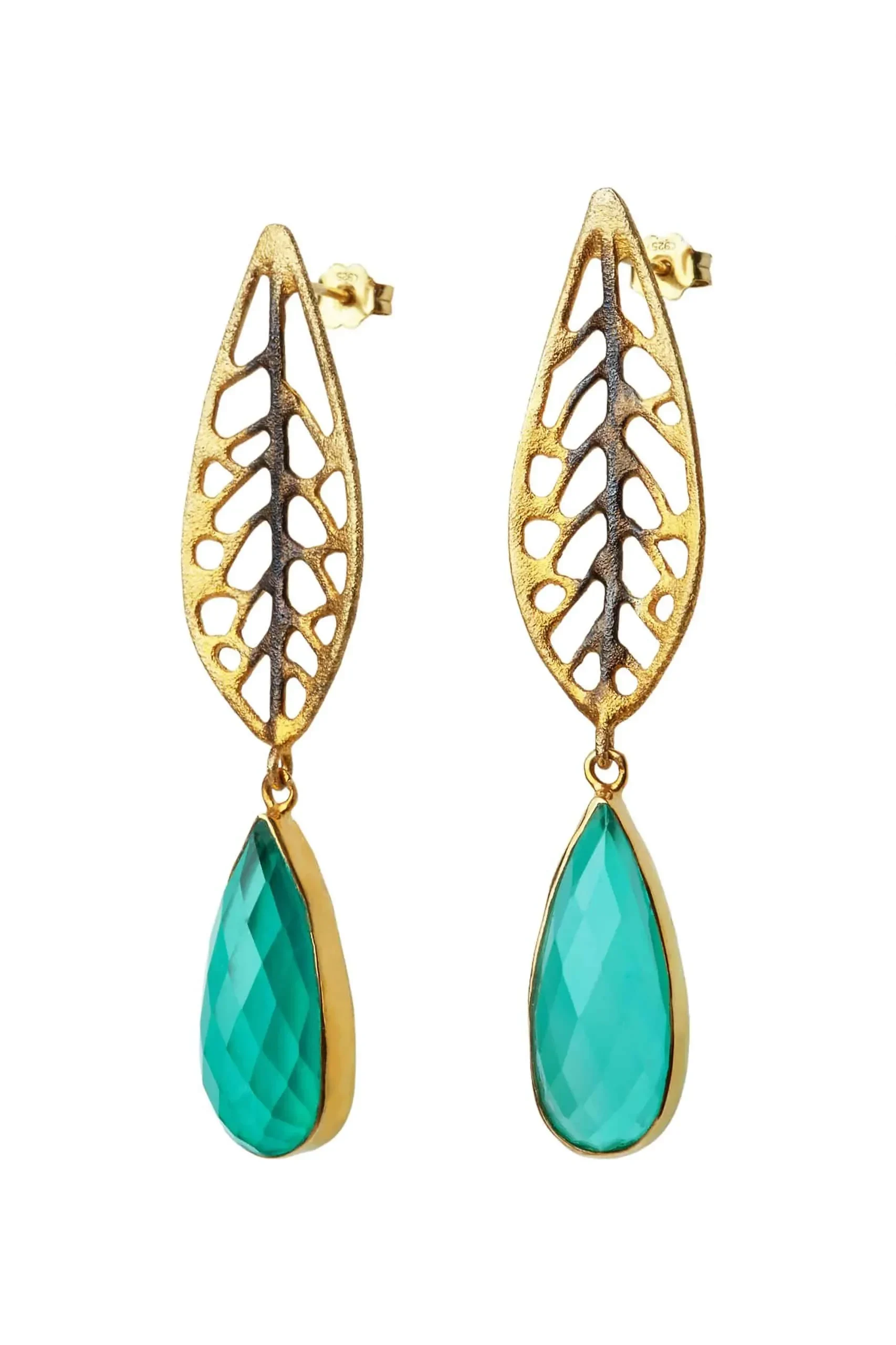 Handmade Jewellery | Leaves green agate gold plated silver earrings gallery 2