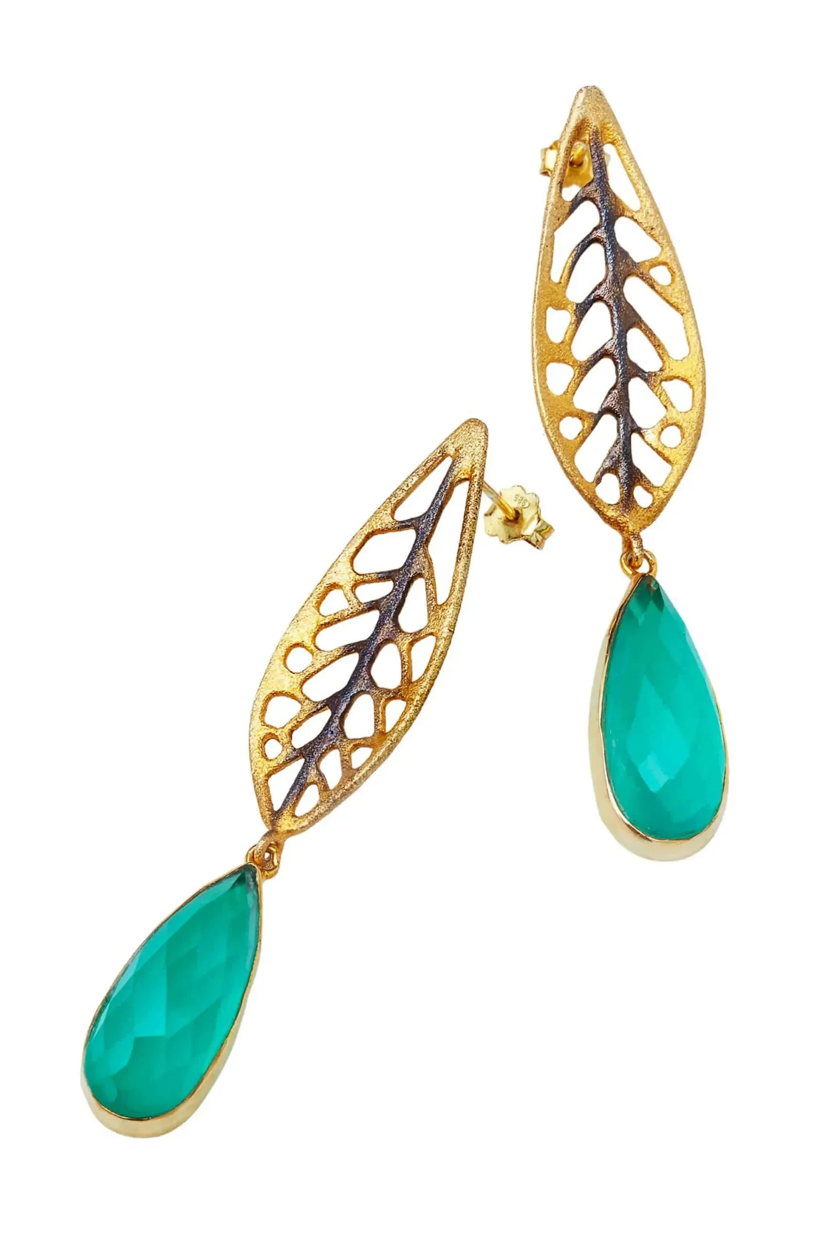 Handmade Jewellery | Leaves green agate gold plated silver earrings gallery 1