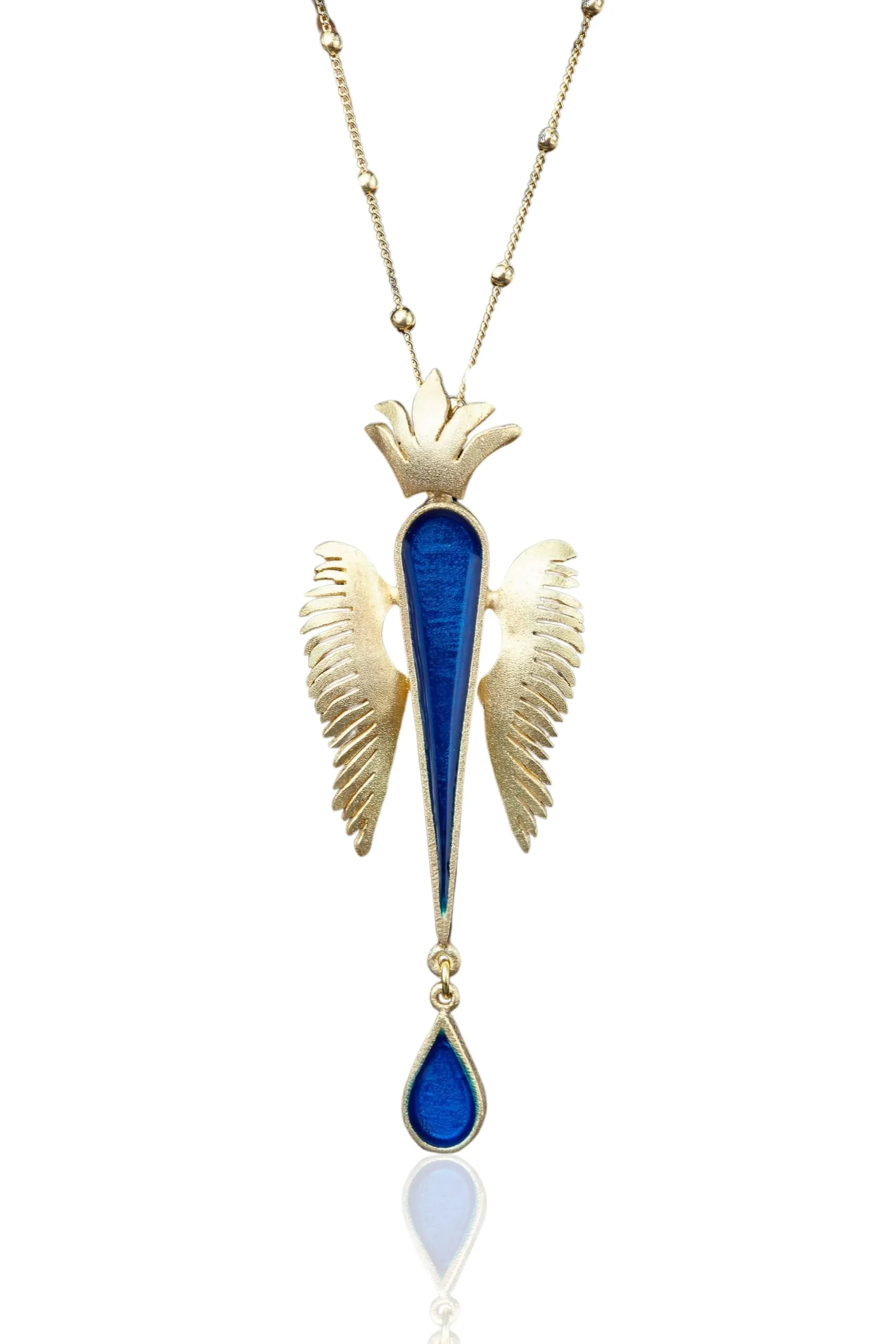 Handmade Jewellery | Angel wings gold plated silver necklace with blue enamel main