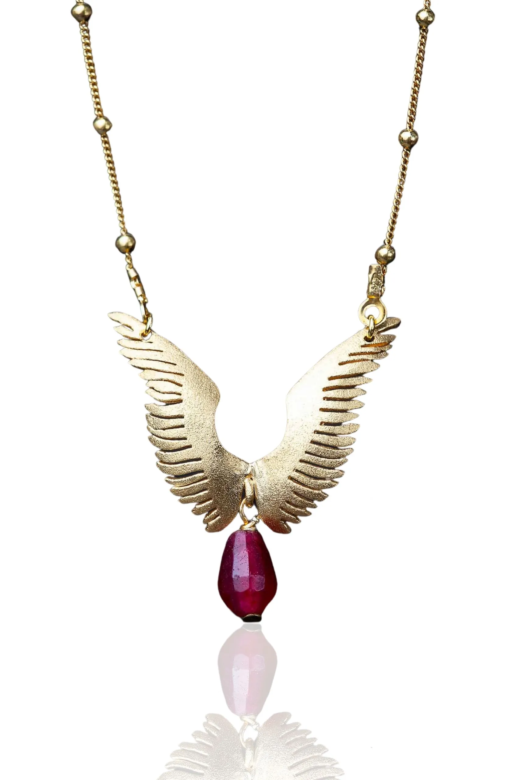 Handmade Jewellery | Angel wings gold plated silver necklace with agate main