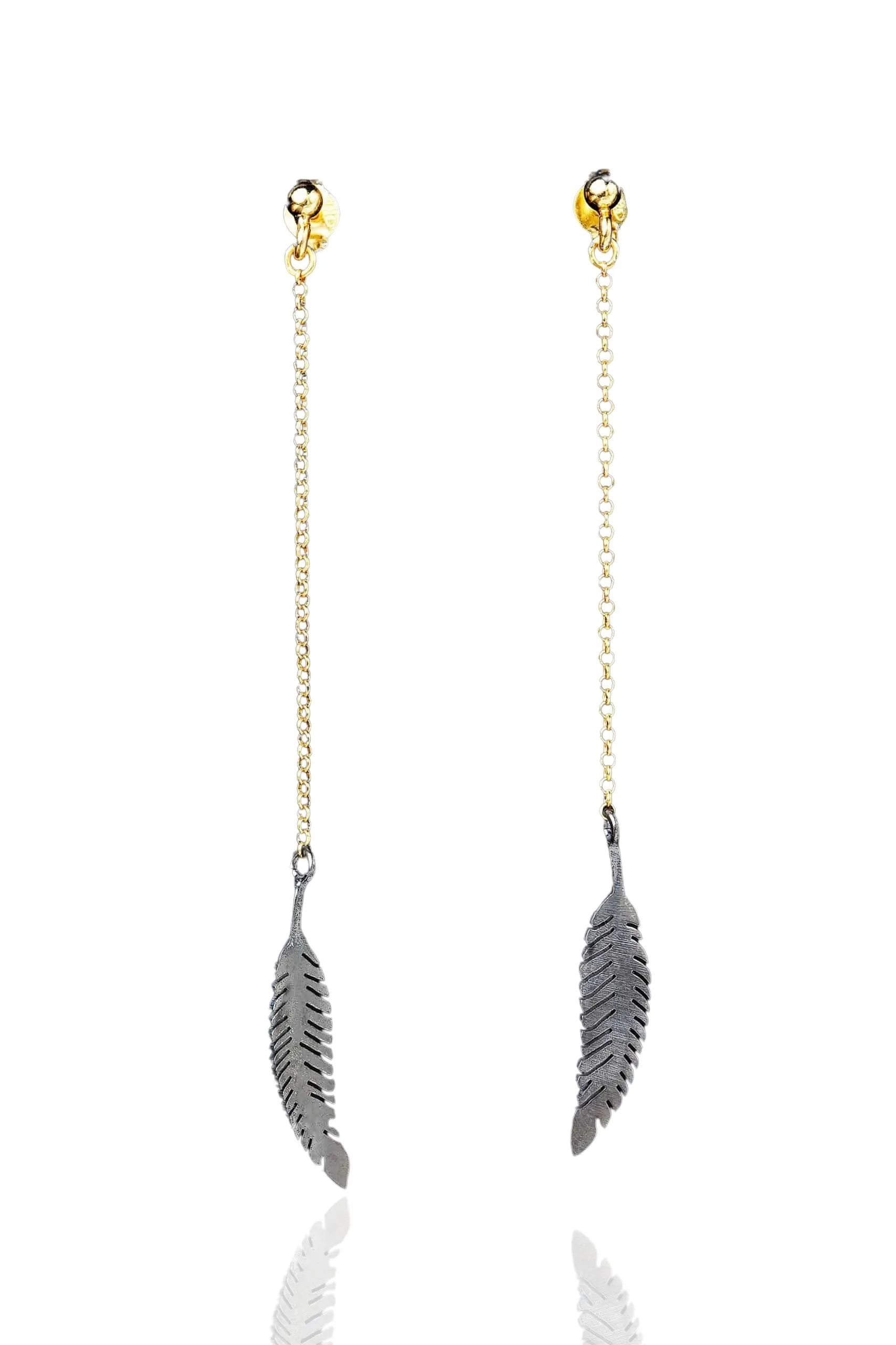 Handmade Jewellery | Feather long gold and black plated silver earrings main