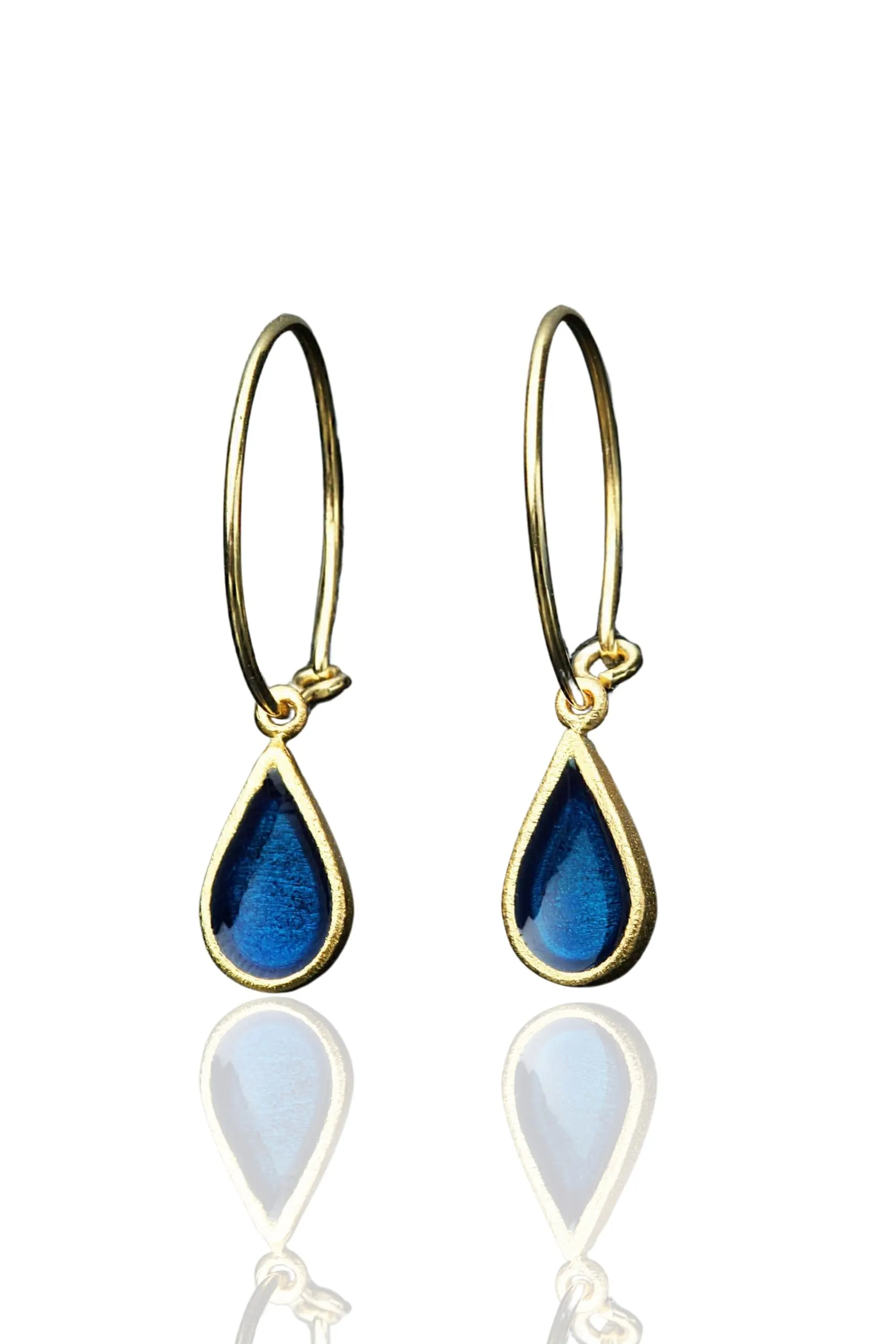 Handmade Jewellery | Drops gold plated silver hoops with blue enamel main