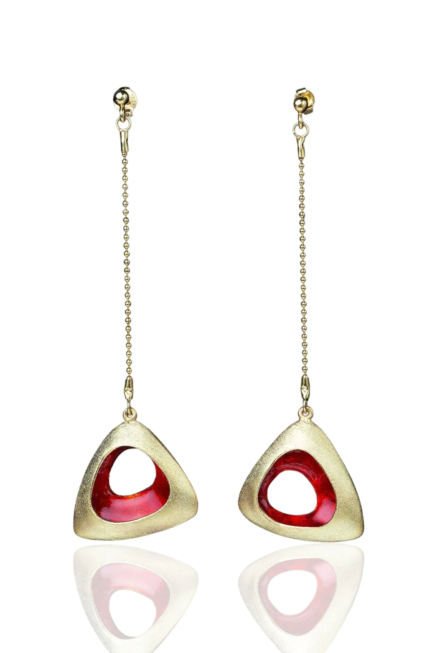 Handmade Jewellery | Triangle gold plated silver earrings with red enamel main