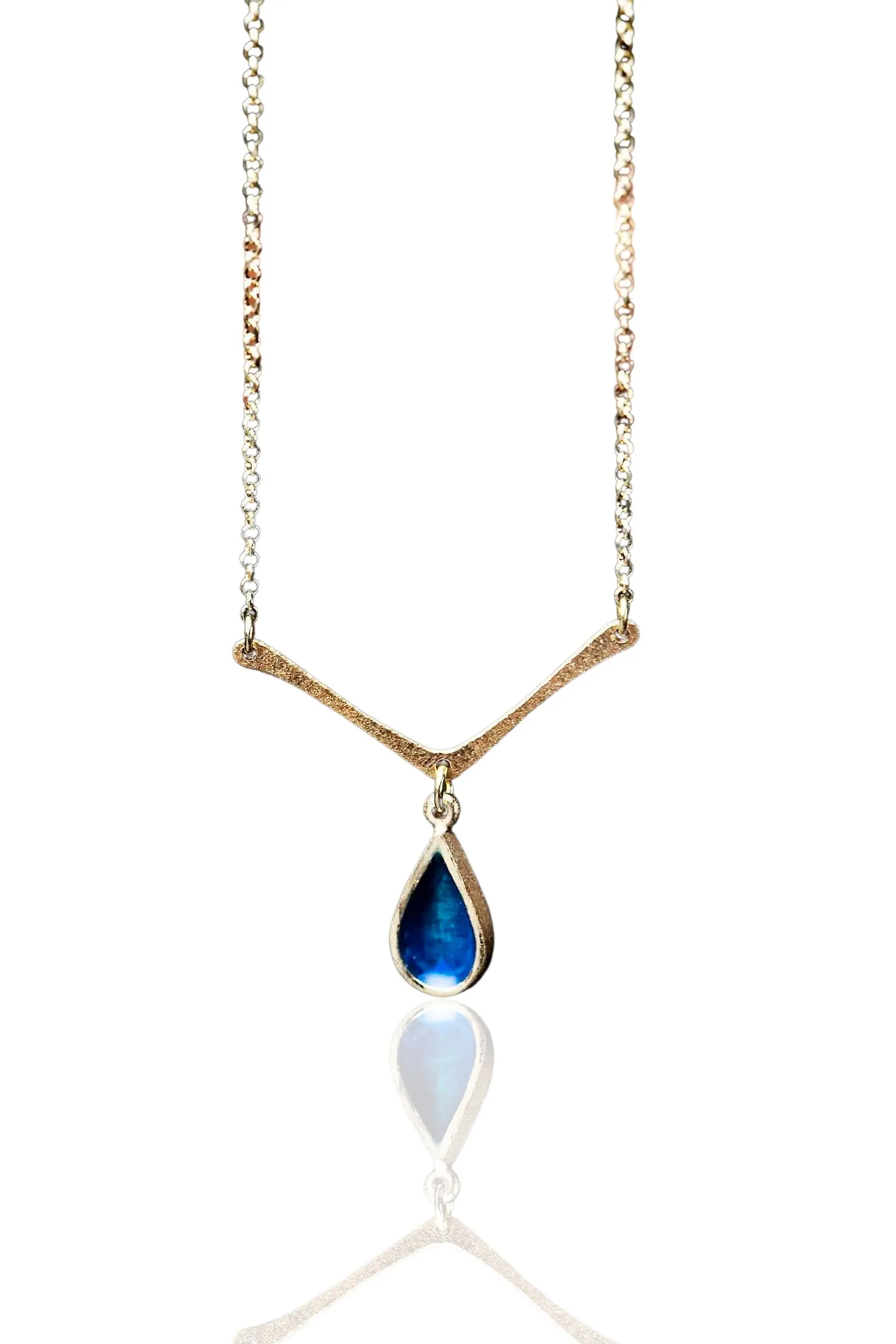 Handmade Jewellery | Drop gold plated silver necklace with blue enamel main